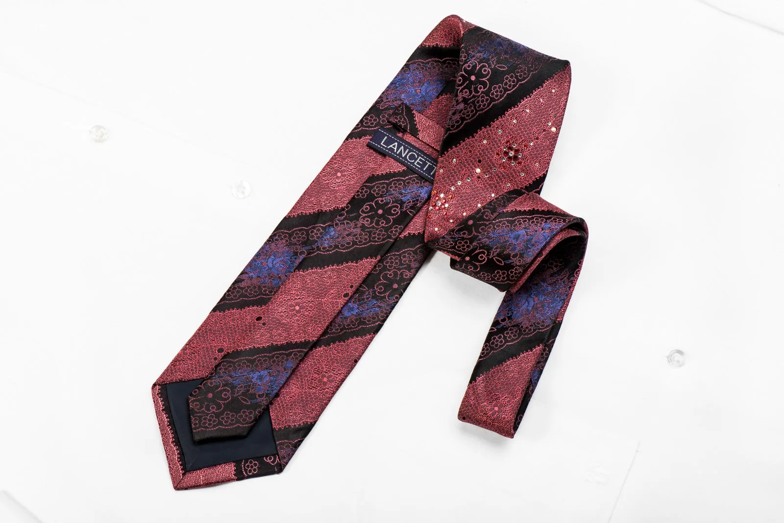 Lancetti Men's Crystal Silk Necktie Ornate Burgundy Floral Striped On Black Sparkling With Rhinestones