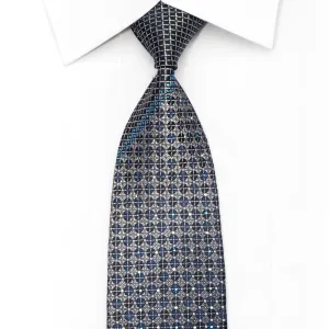 Lancetti Men's Silk Necktie Silver Trellis & Dots On Blue With Crystals Rhinestones