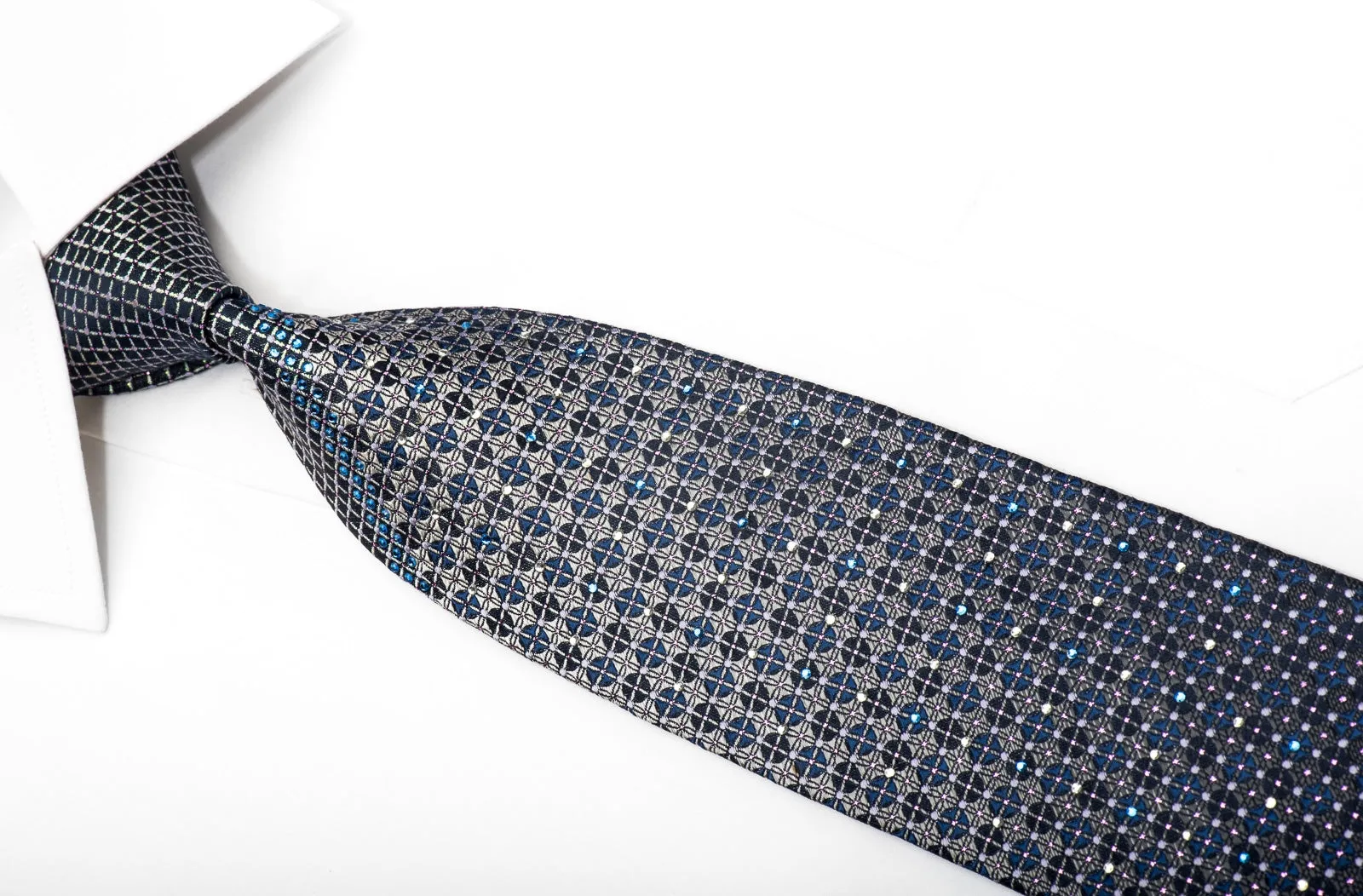 Lancetti Men's Silk Necktie Silver Trellis & Dots On Blue With Crystals Rhinestones