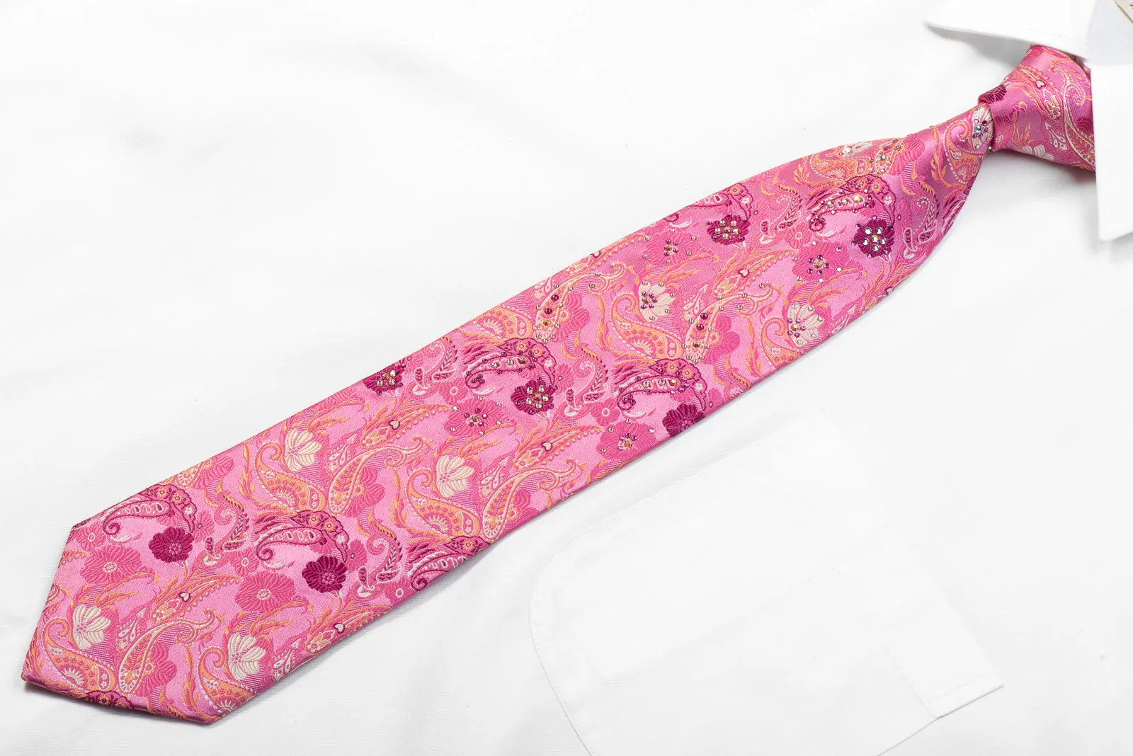 Lancetti Mens Silk Rhinestone Necktie Paisley Floral On Pink