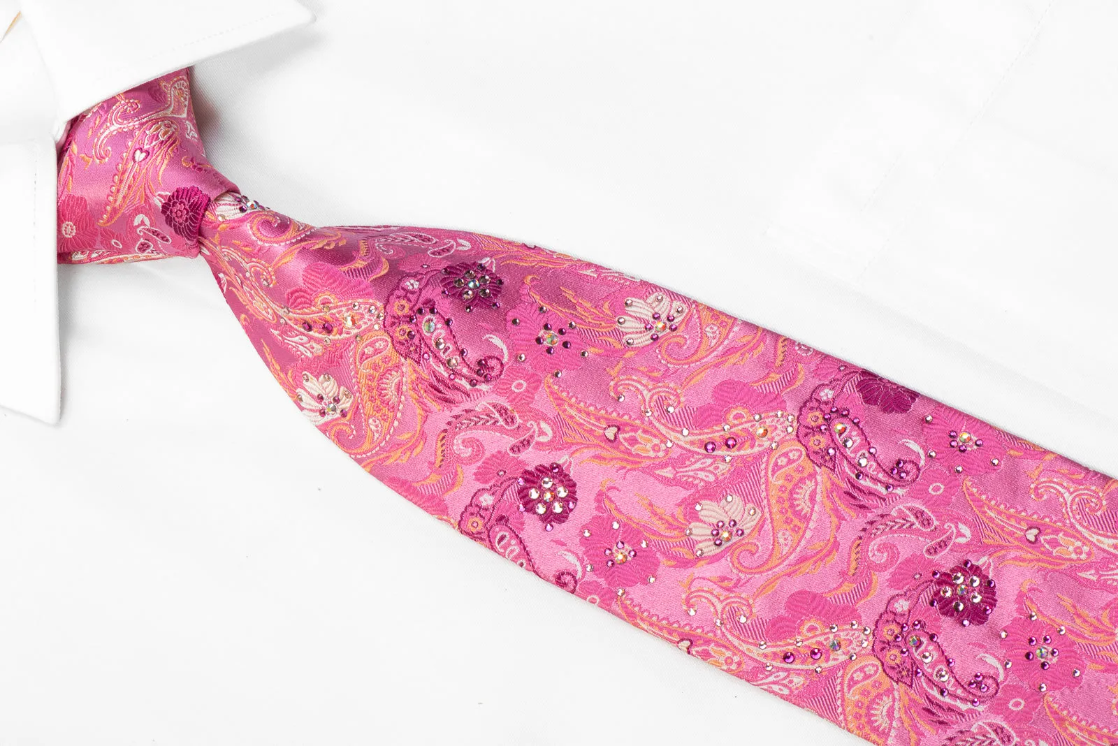 Lancetti Mens Silk Rhinestone Necktie Paisley Floral On Pink