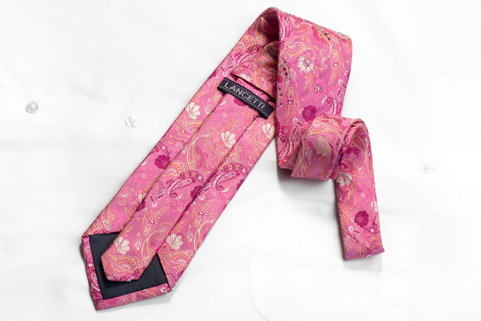 Lancetti Mens Silk Rhinestone Necktie Paisley Floral On Pink