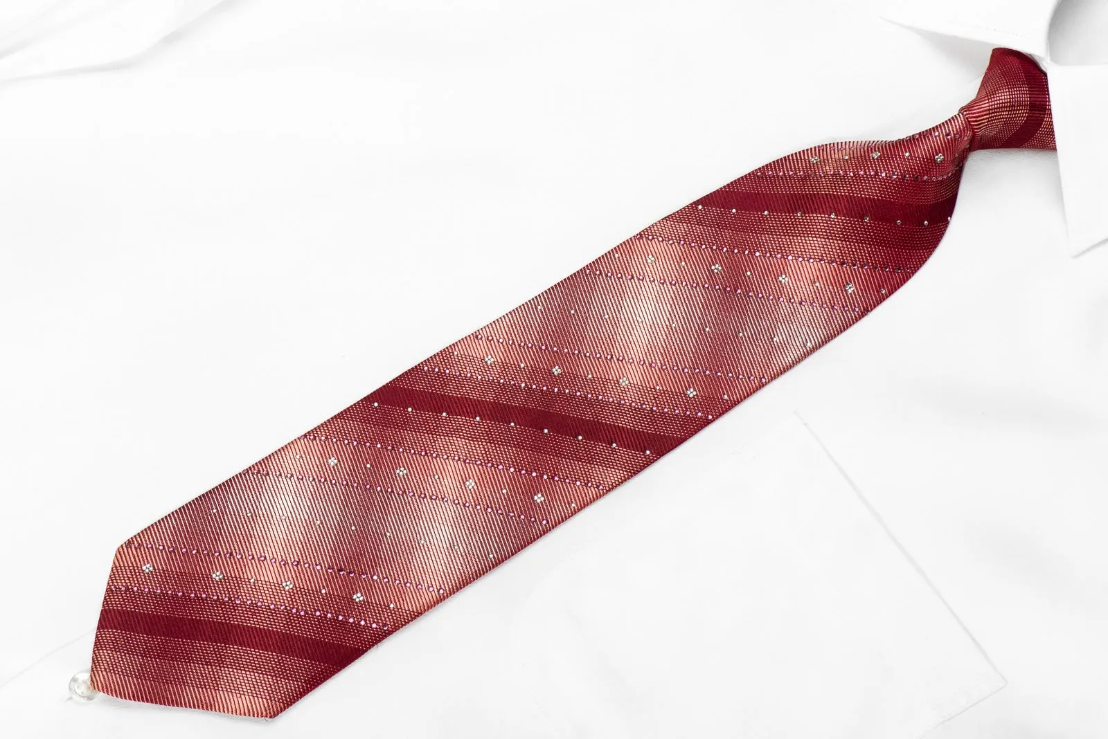 M. Clou Mens Crystal Silk Necktie Geometric On Burgundy Sparkling With Rhinestones