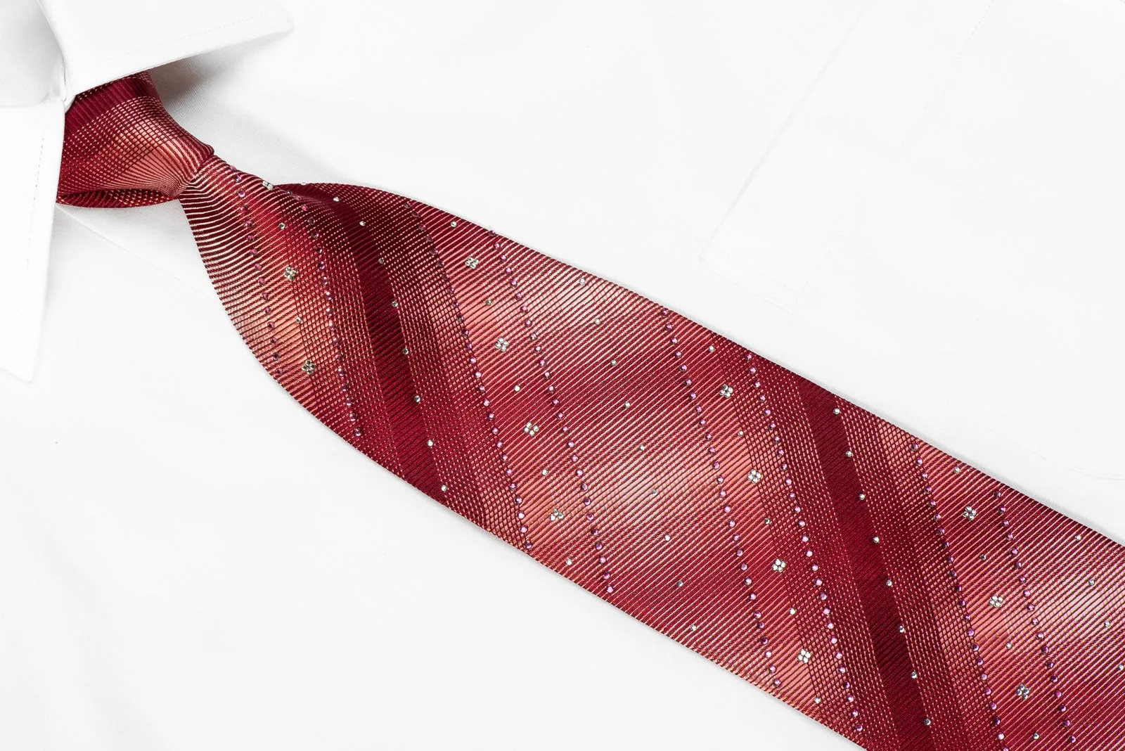 M. Clou Mens Crystal Silk Necktie Geometric On Burgundy Sparkling With Rhinestones