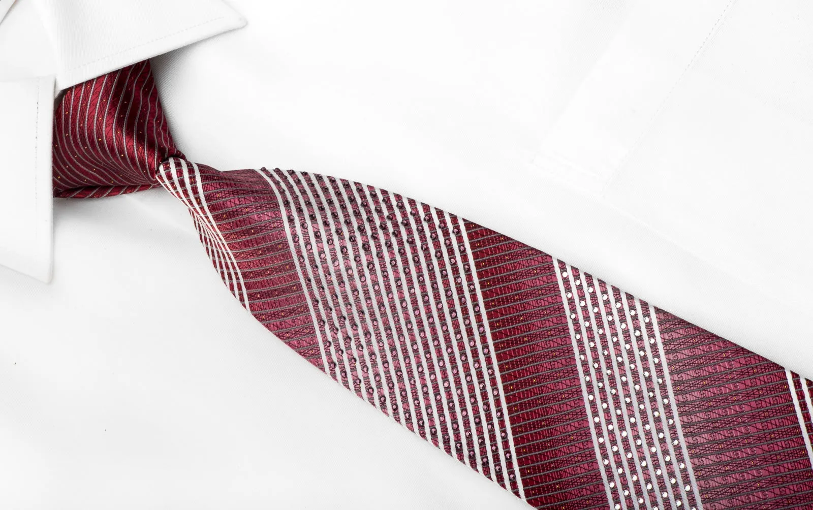 M Clou Uomo Men's Crystal Rhinestone Tie White Striped On Burgundy With Sparkles