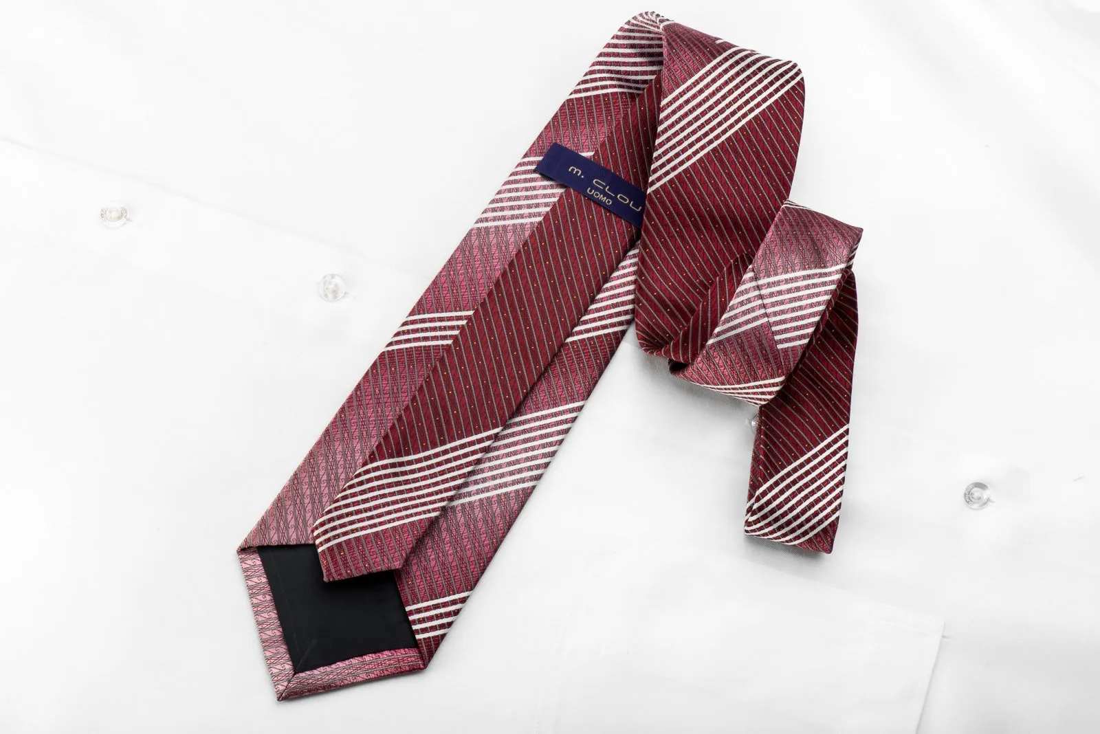 M Clou Uomo Men's Crystal Rhinestone Tie White Striped On Burgundy With Sparkles