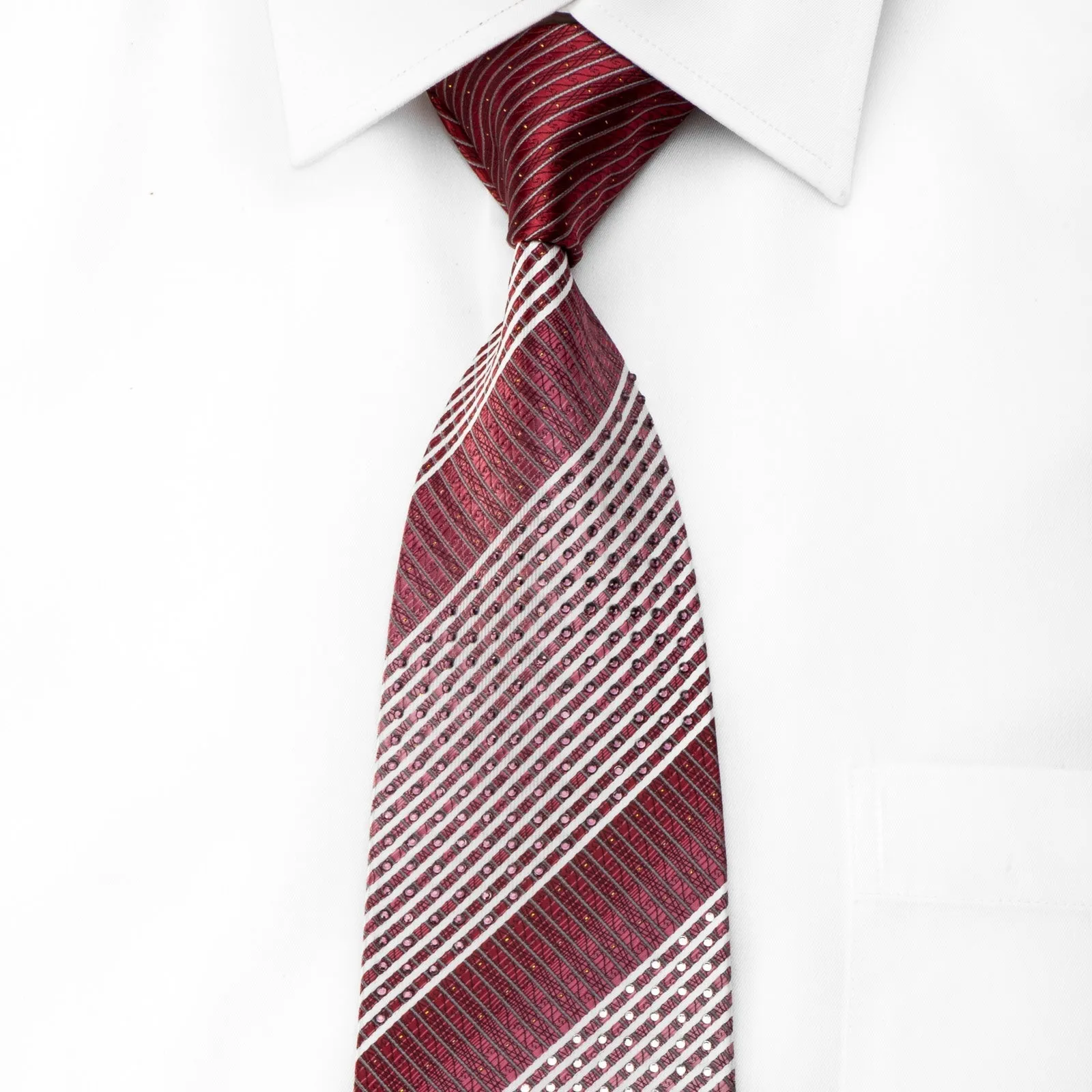 M Clou Uomo Men's Crystal Rhinestone Tie White Striped On Burgundy With Sparkles