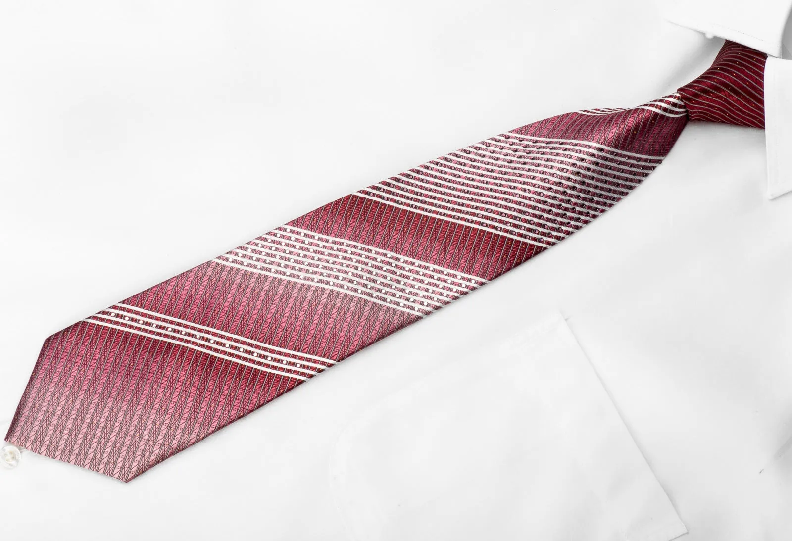 M Clou Uomo Men's Crystal Rhinestone Tie White Striped On Burgundy With Sparkles