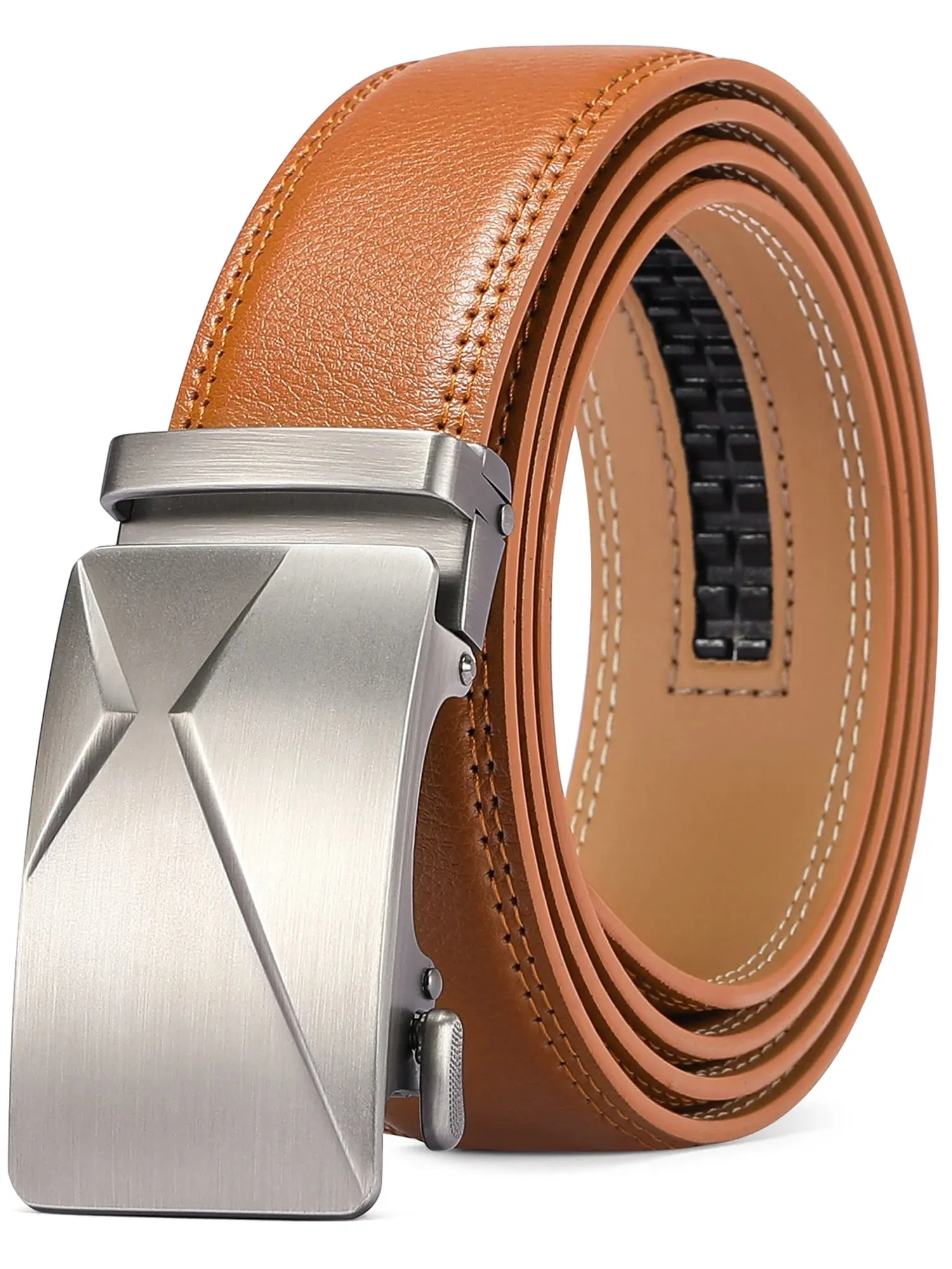 Men's Leather Belt - Automatic Ratchet Buckle Slide Belt Trim to Fit