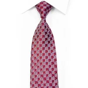 Men's Silk Necktie Silver Blue Geometric On Burgundy With Gold Sparkles