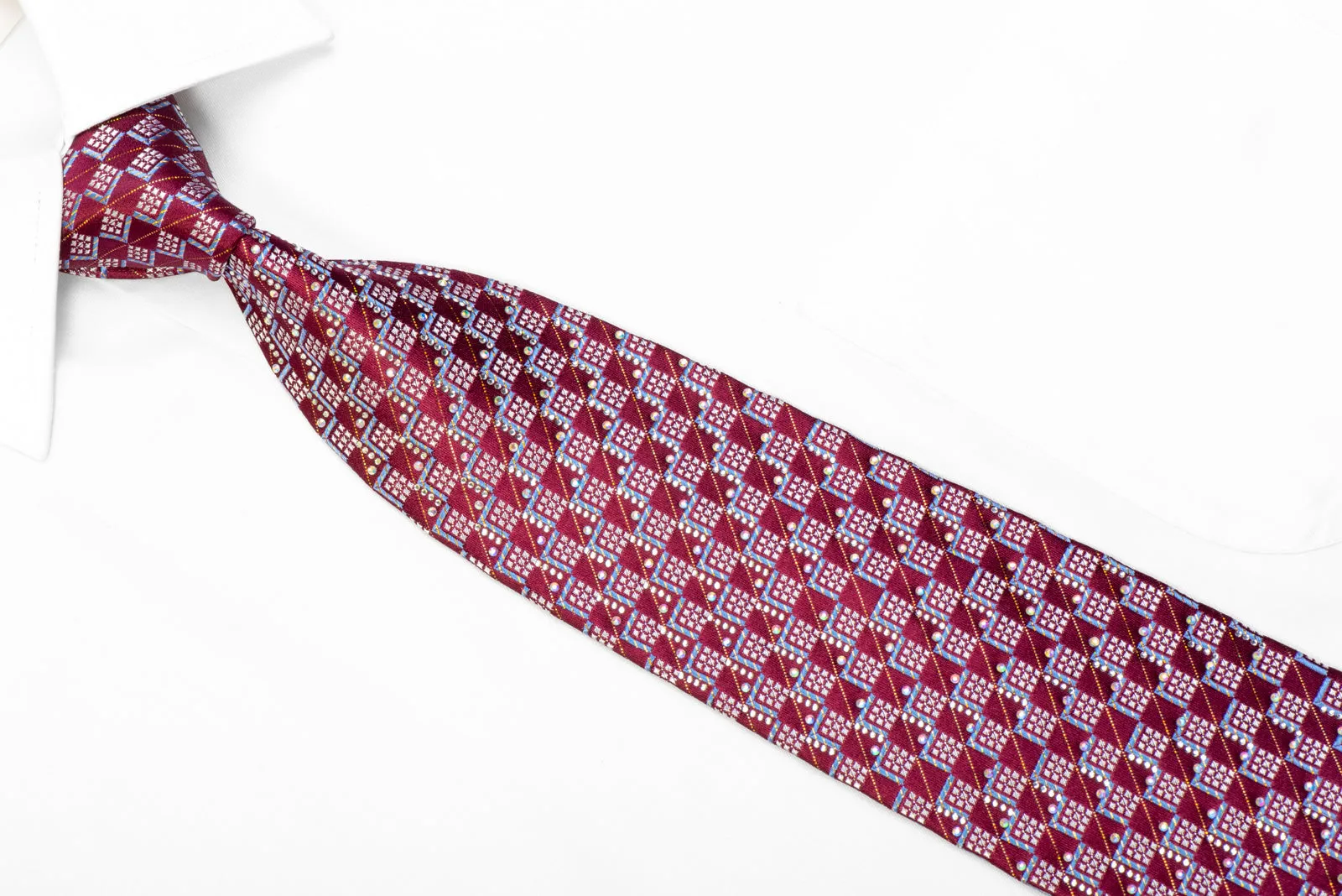 Men's Silk Necktie Silver Blue Geometric On Burgundy With Gold Sparkles