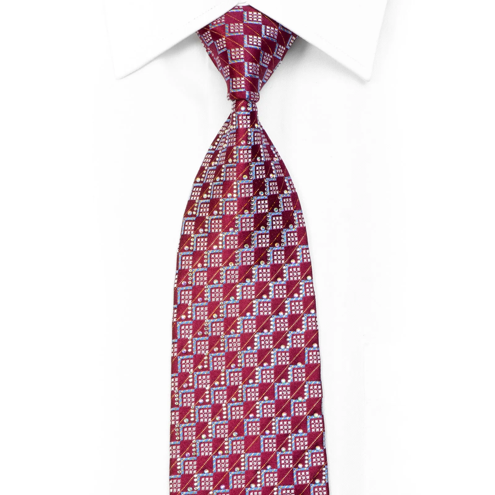 Men's Silk Necktie Silver Blue Geometric On Burgundy With Gold Sparkles