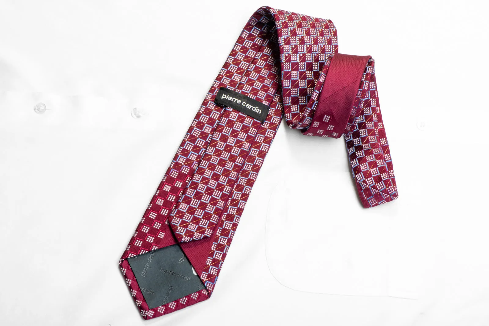 Men's Silk Necktie Silver Blue Geometric On Burgundy With Gold Sparkles