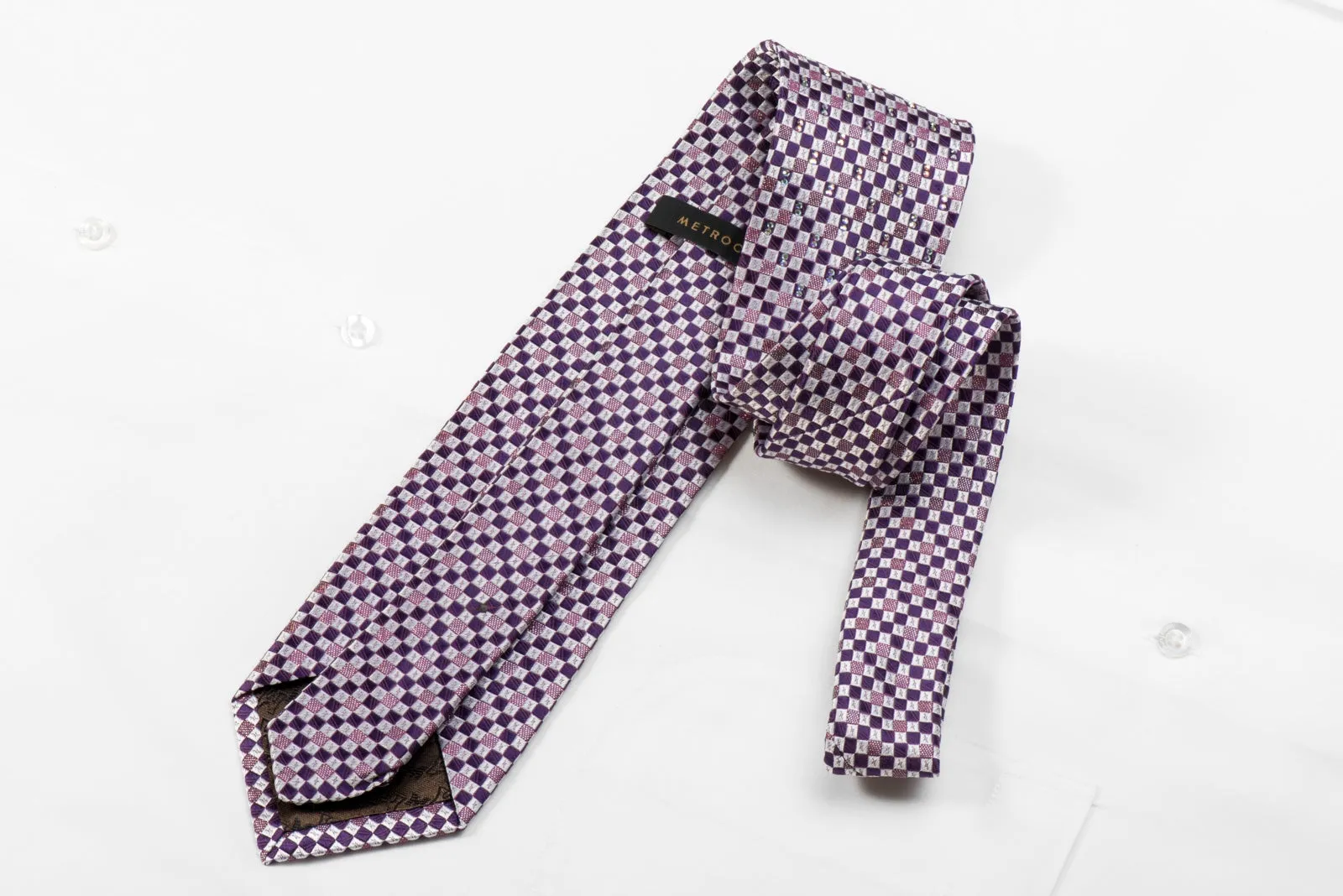 Metro City Men's Crystal Rhinestone Silk Necktie Silver Purple Checkered With Silver Sparkles