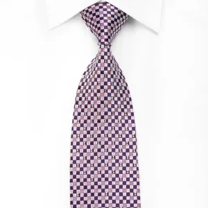 Metro City Men's Crystal Rhinestone Silk Necktie Silver Purple Checkered With Silver Sparkles