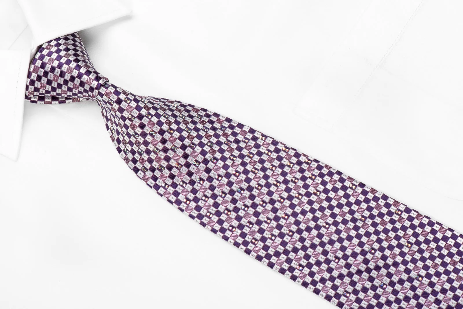 Metro City Men's Crystal Rhinestone Silk Necktie Silver Purple Checkered With Silver Sparkles