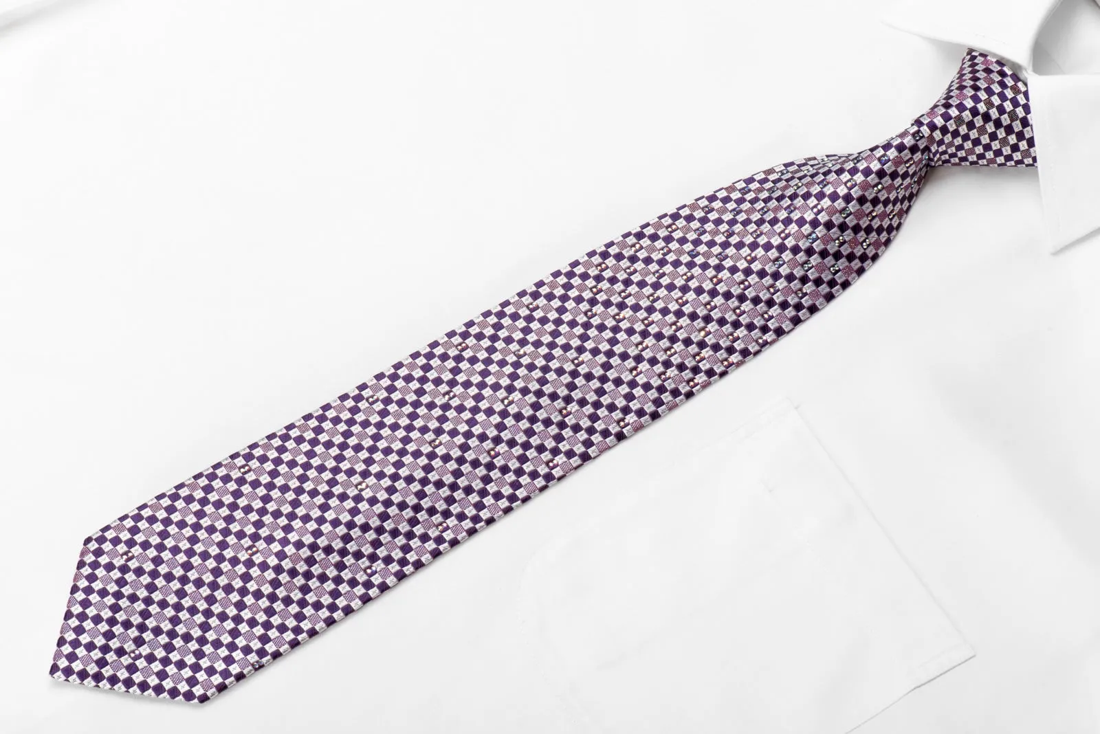 Metro City Men's Crystal Rhinestone Silk Necktie Silver Purple Checkered With Silver Sparkles