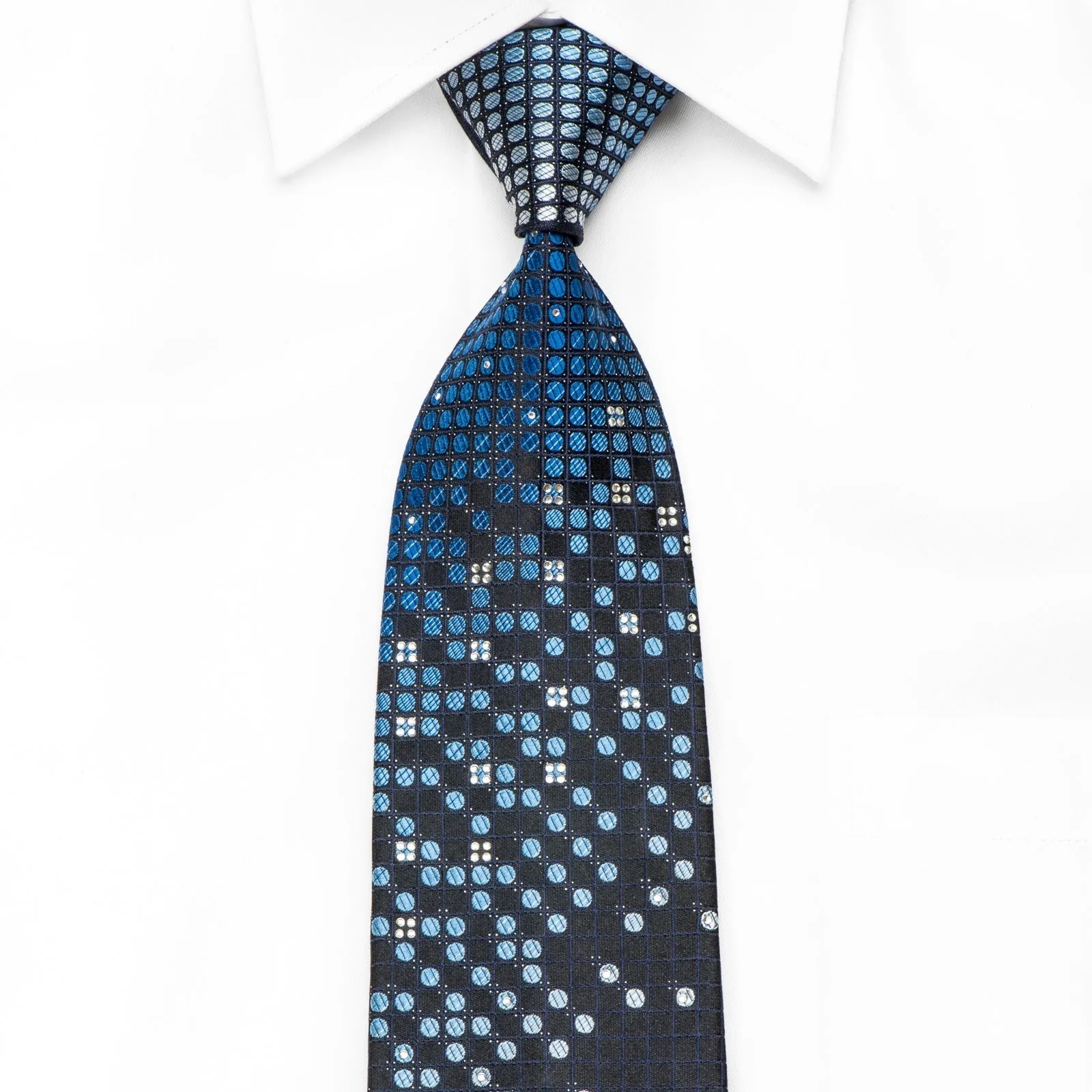 Metro City Men's Crystal Silk Tie Floral Dots On Navy With Sparkles