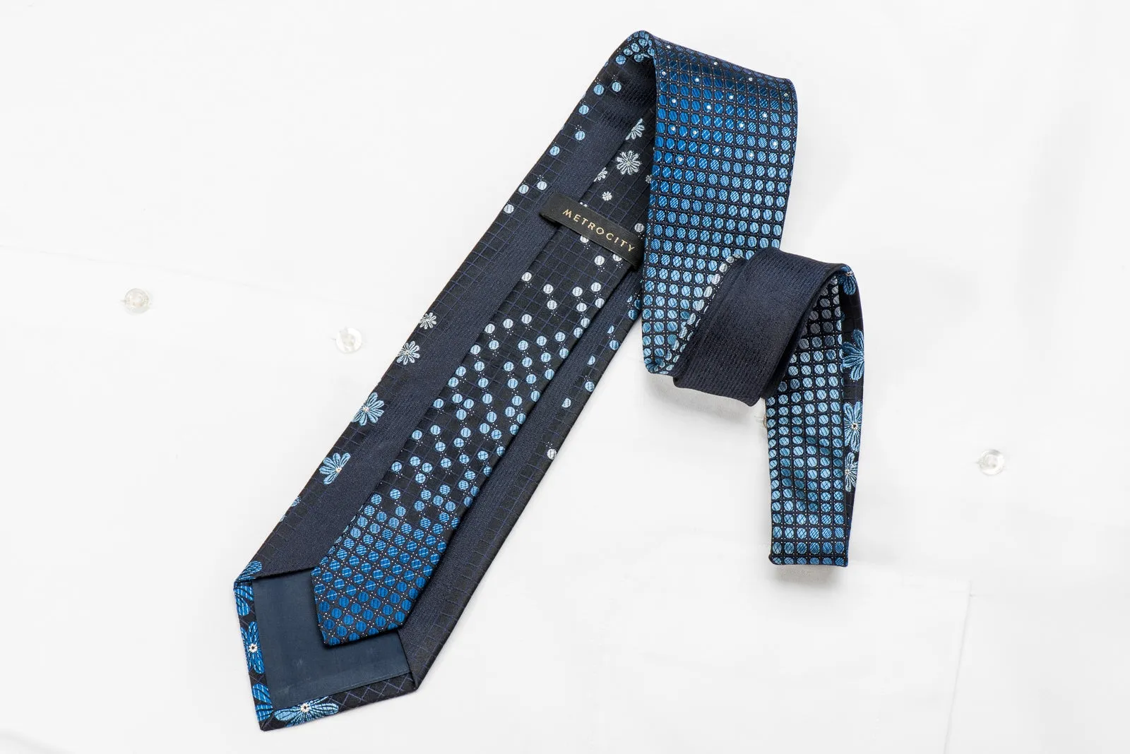 Metro City Men's Crystal Silk Tie Floral Dots On Navy With Sparkles