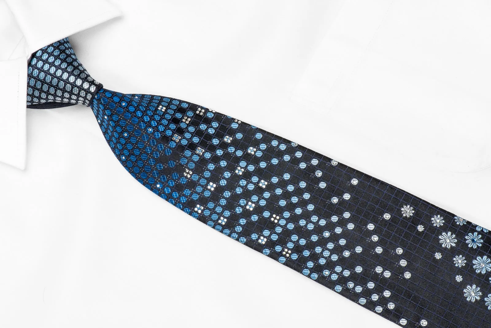 Metro City Men's Crystal Silk Tie Floral Dots On Navy With Sparkles