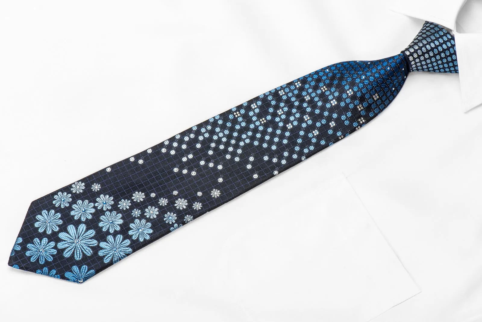 Metro City Men's Crystal Silk Tie Floral Dots On Navy With Sparkles