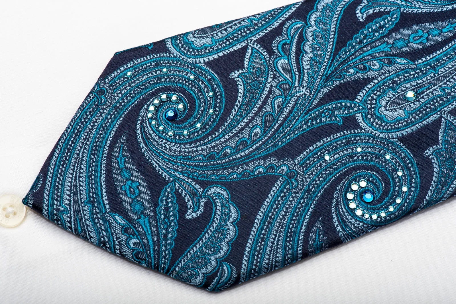 Metro City Men's Silk Necktie Paisley On Blue Sparkling With Crystal Rhinestones