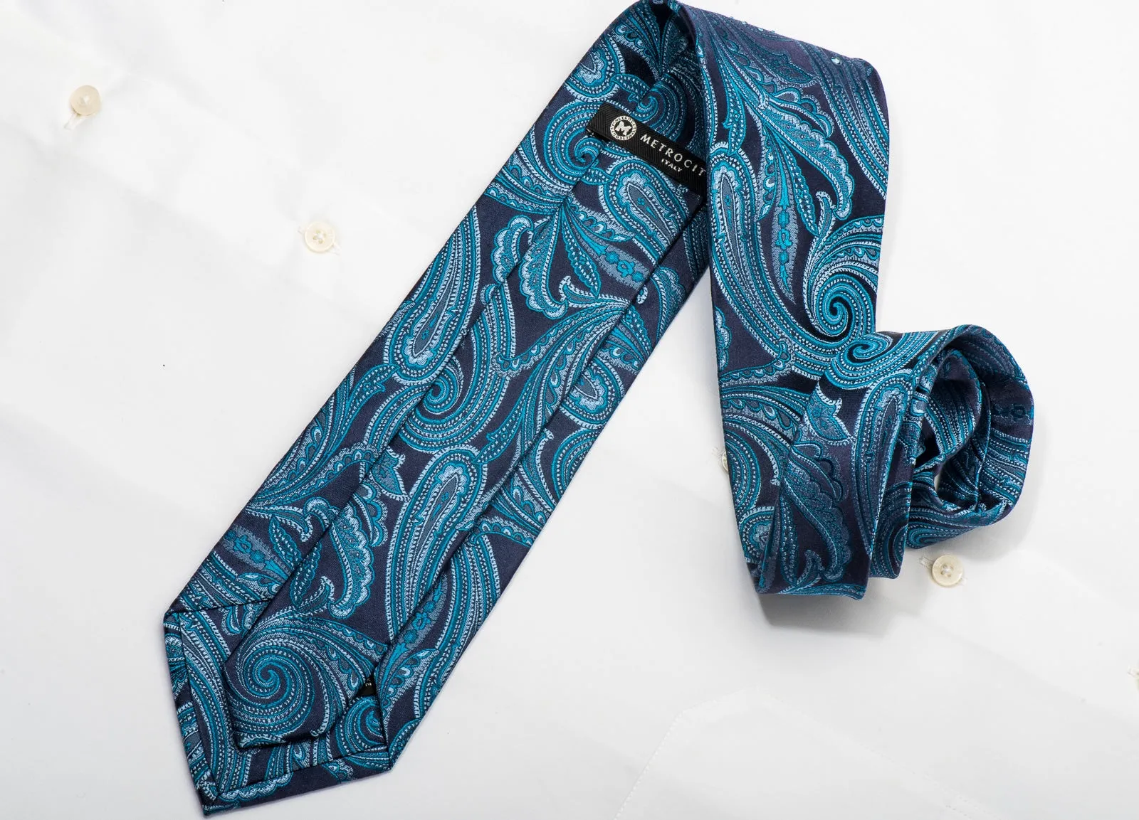 Metro City Men's Silk Necktie Paisley On Blue Sparkling With Crystal Rhinestones