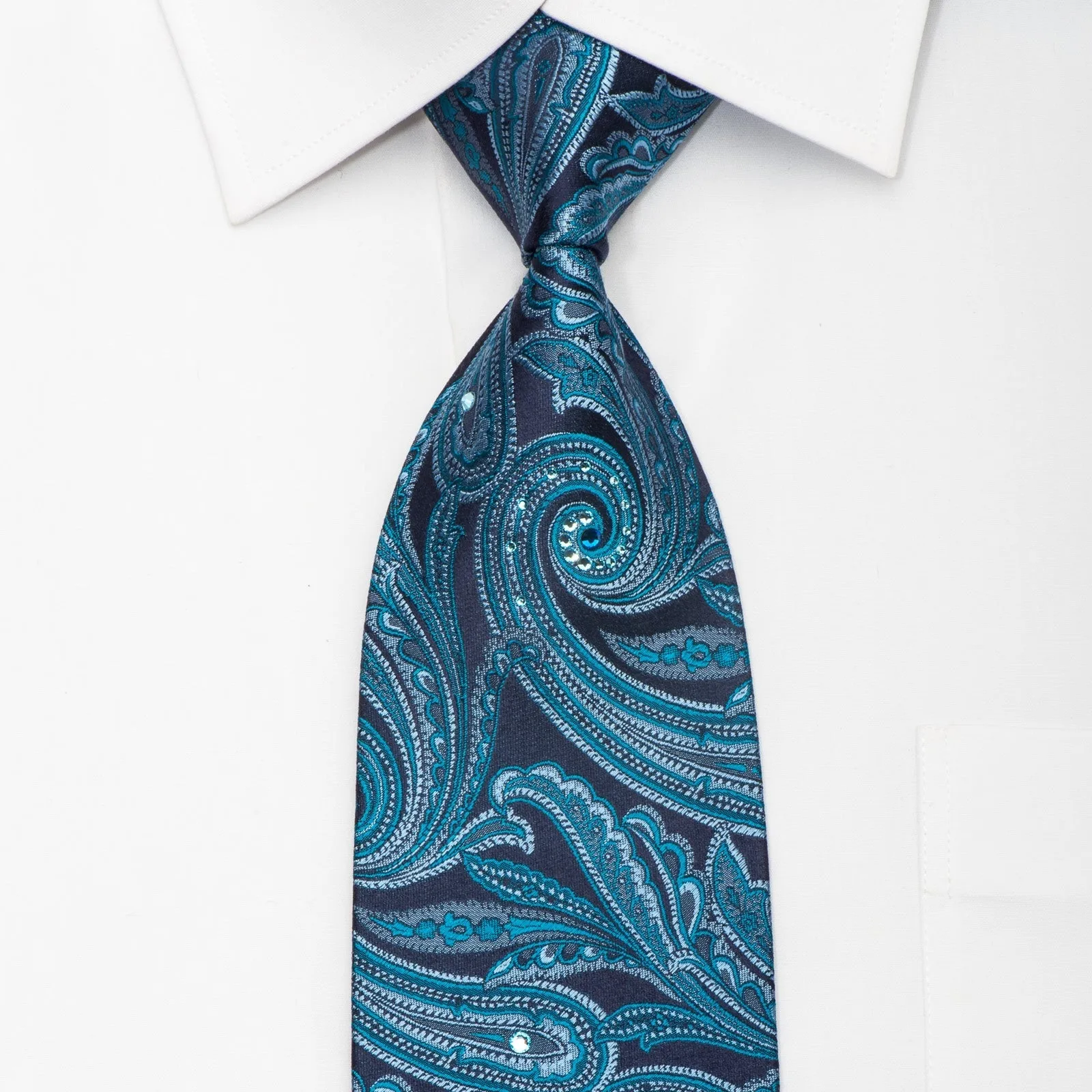 Metro City Men's Silk Necktie Paisley On Blue Sparkling With Crystal Rhinestones