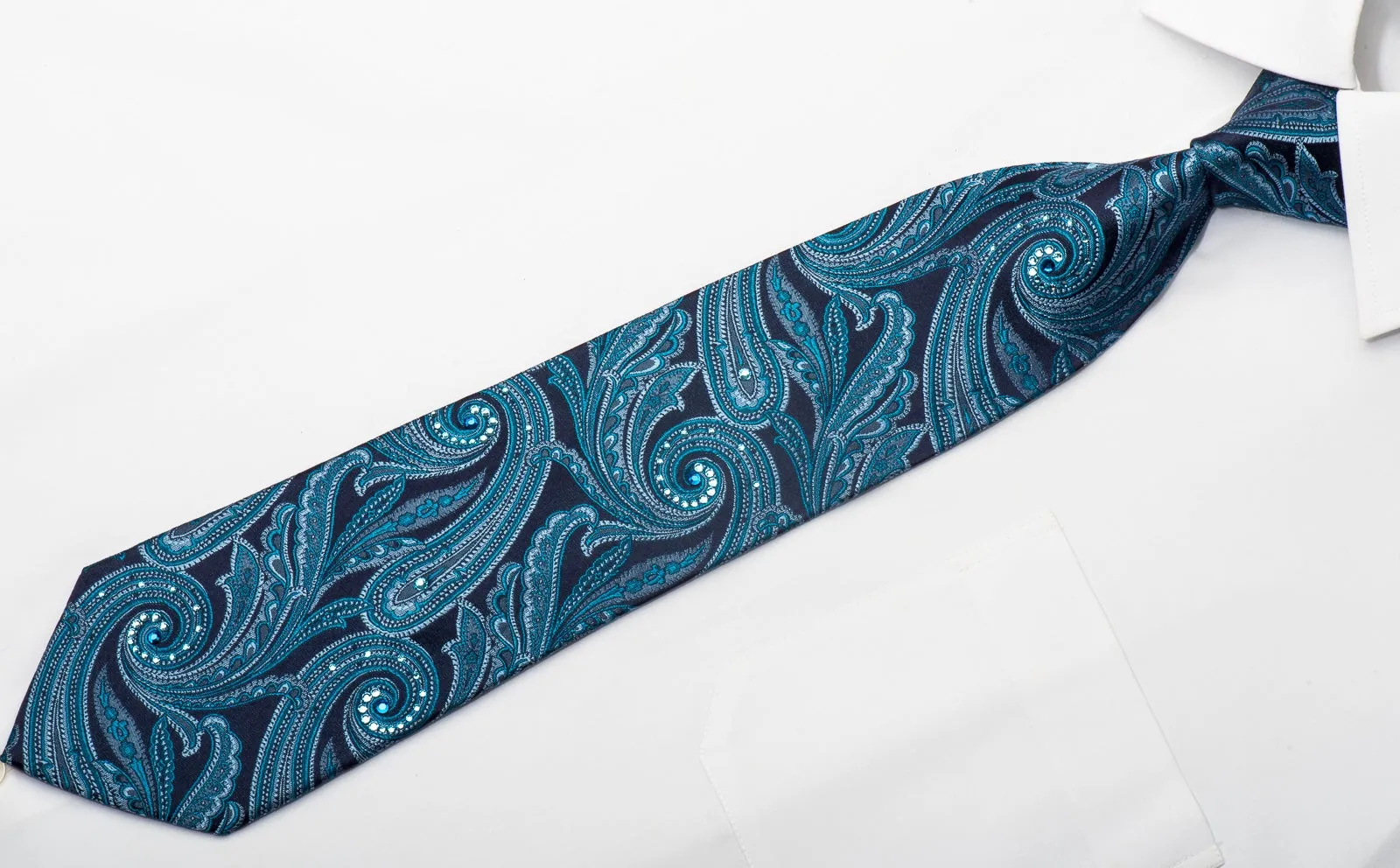 Metro City Men's Silk Necktie Paisley On Blue Sparkling With Crystal Rhinestones