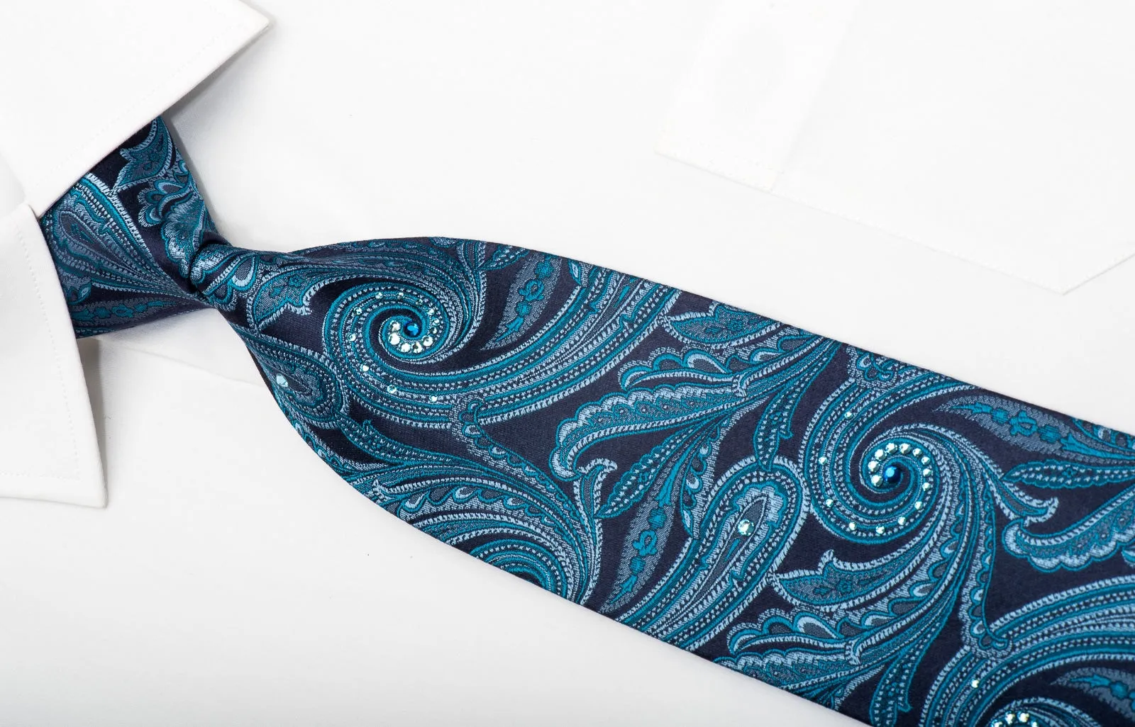 Metro City Men's Silk Necktie Paisley On Blue Sparkling With Crystal Rhinestones