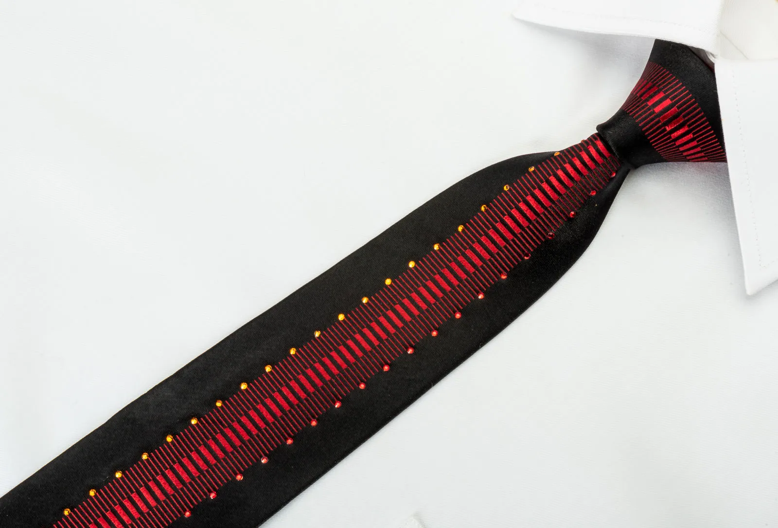 Mila Schon Skinny Rhinestone Necktie Vertical Red Stripes On Black