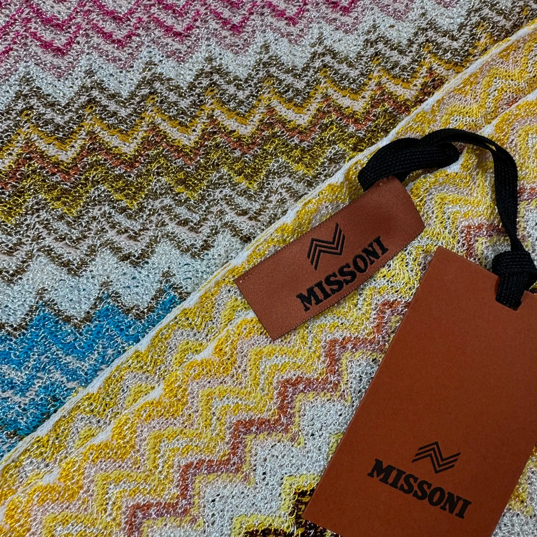 Missoni Scarf White Pink Orange Blue Zig Zag Design - Women Designer Shawl