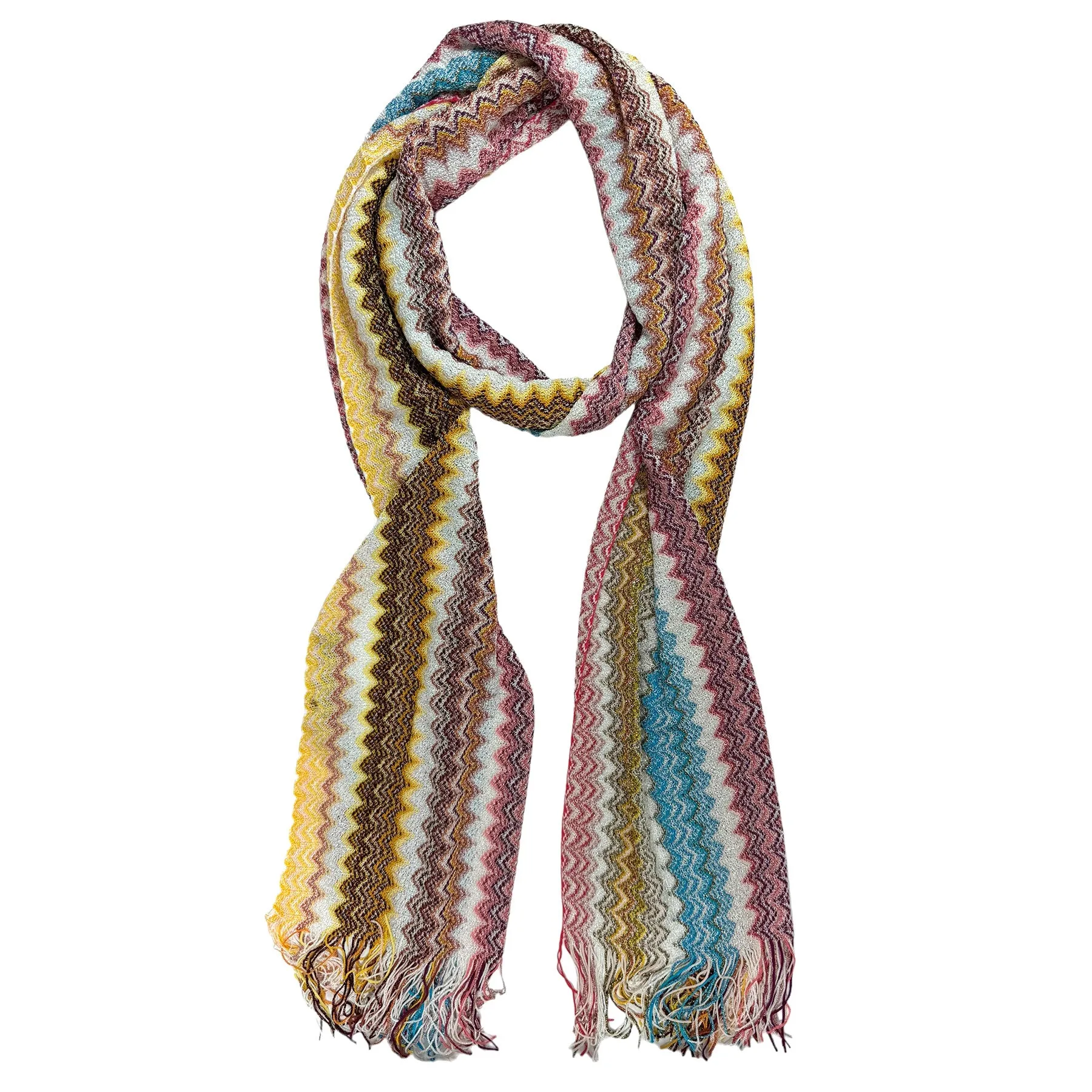 Missoni Scarf White Pink Orange Blue Zig Zag Design - Women Designer Shawl