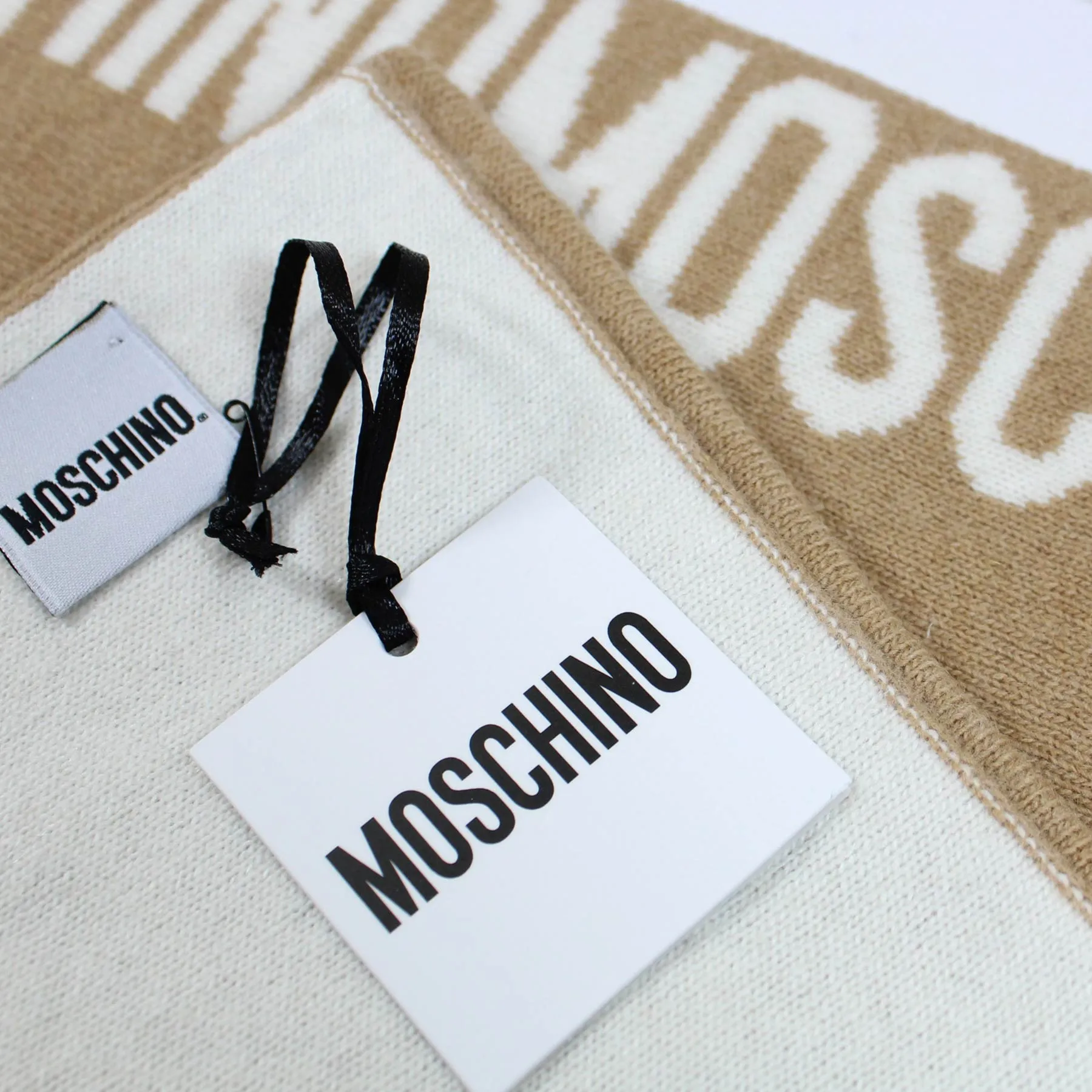 Moschino Wool Scarf Beige White Logo Text - SALE