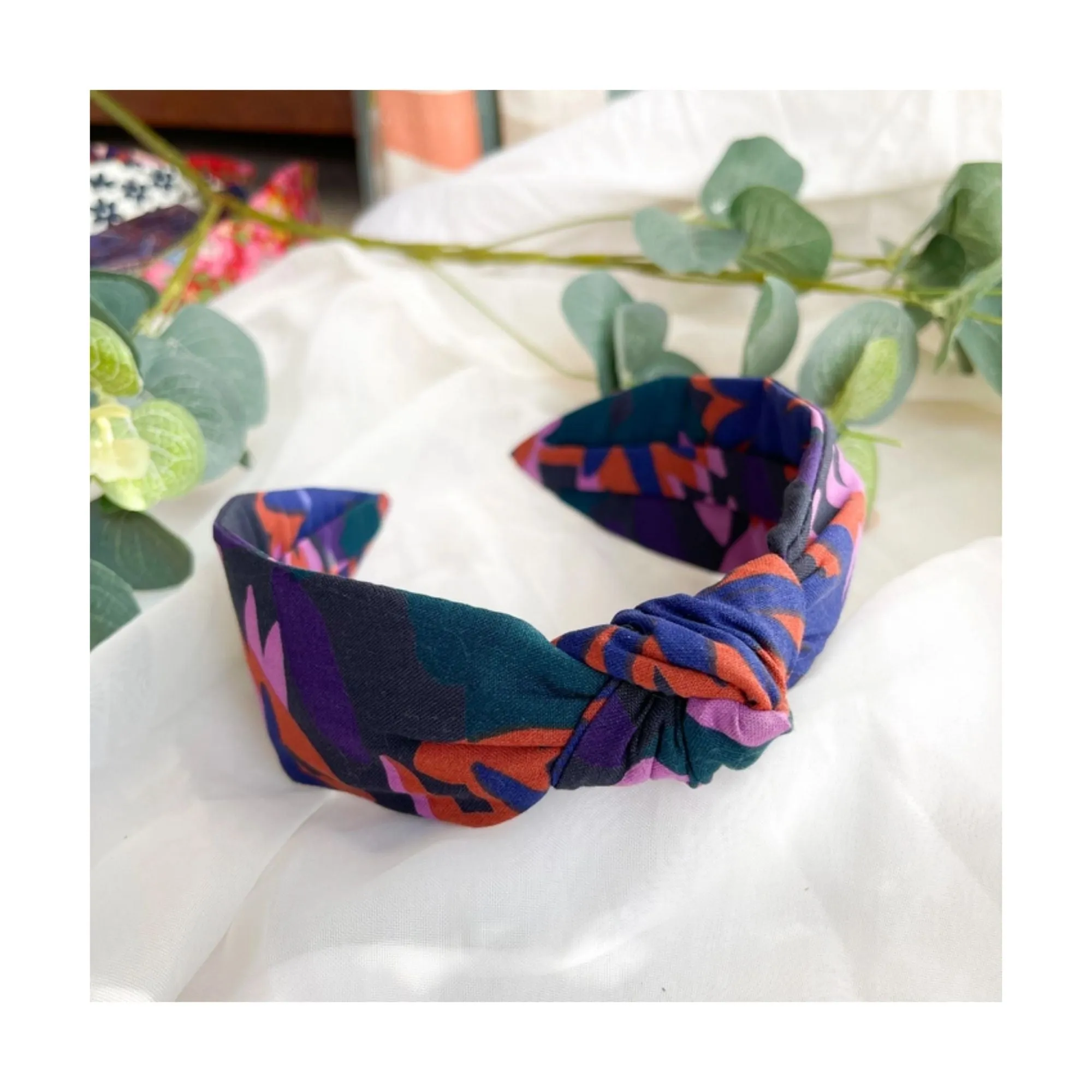 Navy Purple Floral Print Knot Headband