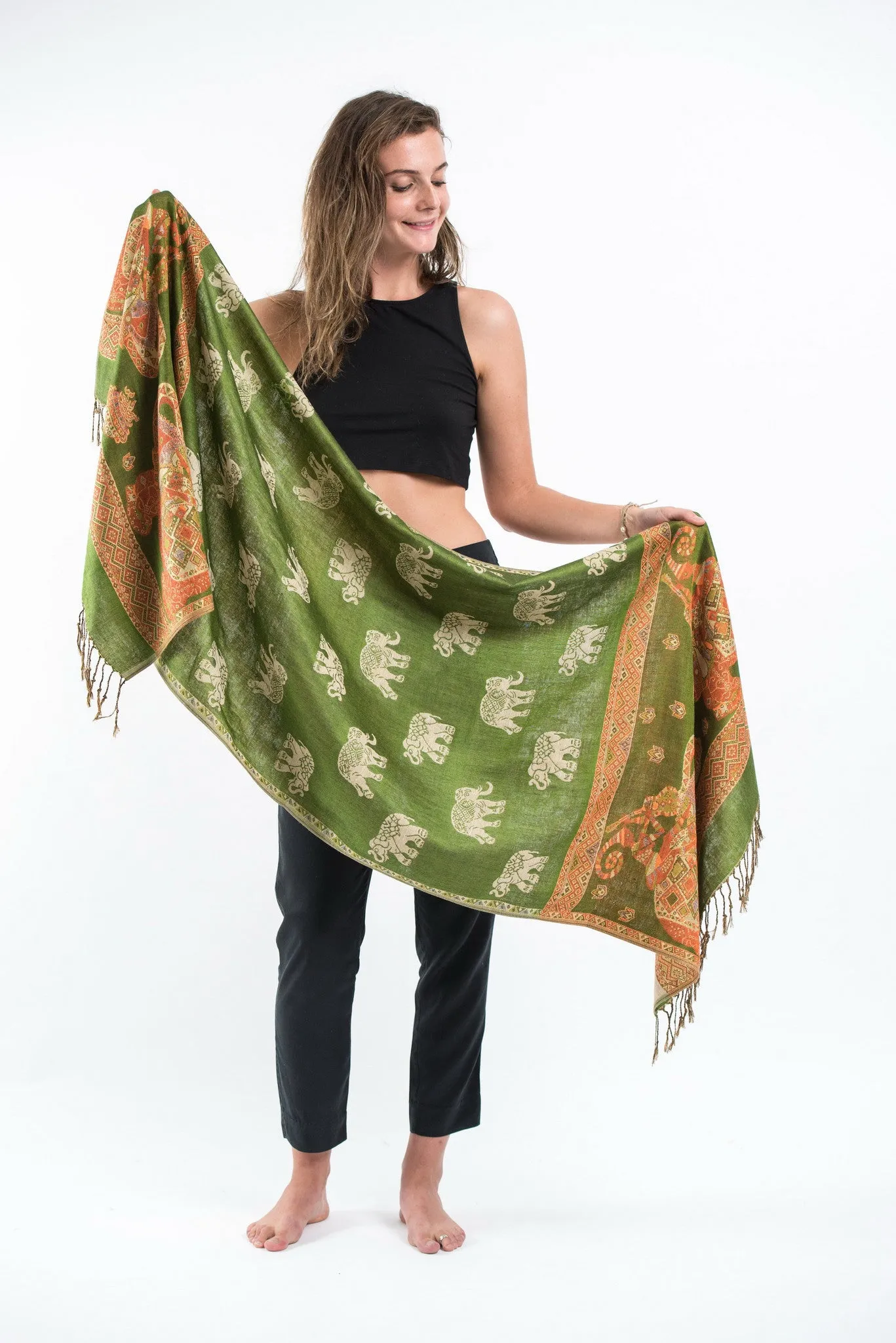 Nepal Elephant Pashmina Shawl Scarf in Green