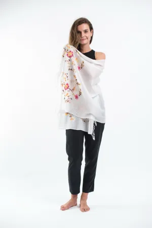 Nepal Floral Embroidered Pashmina Shawl Scarf in White