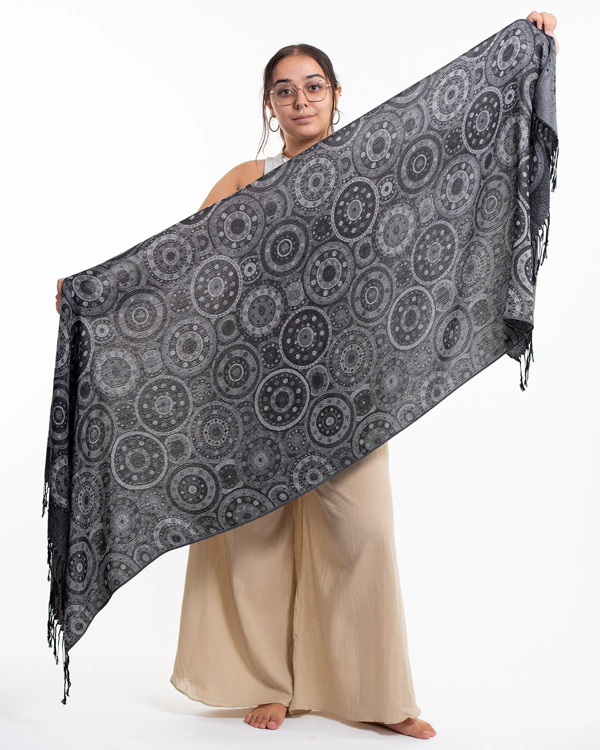 Nepal Mandalas Pashmina Shawl Scarf in Black