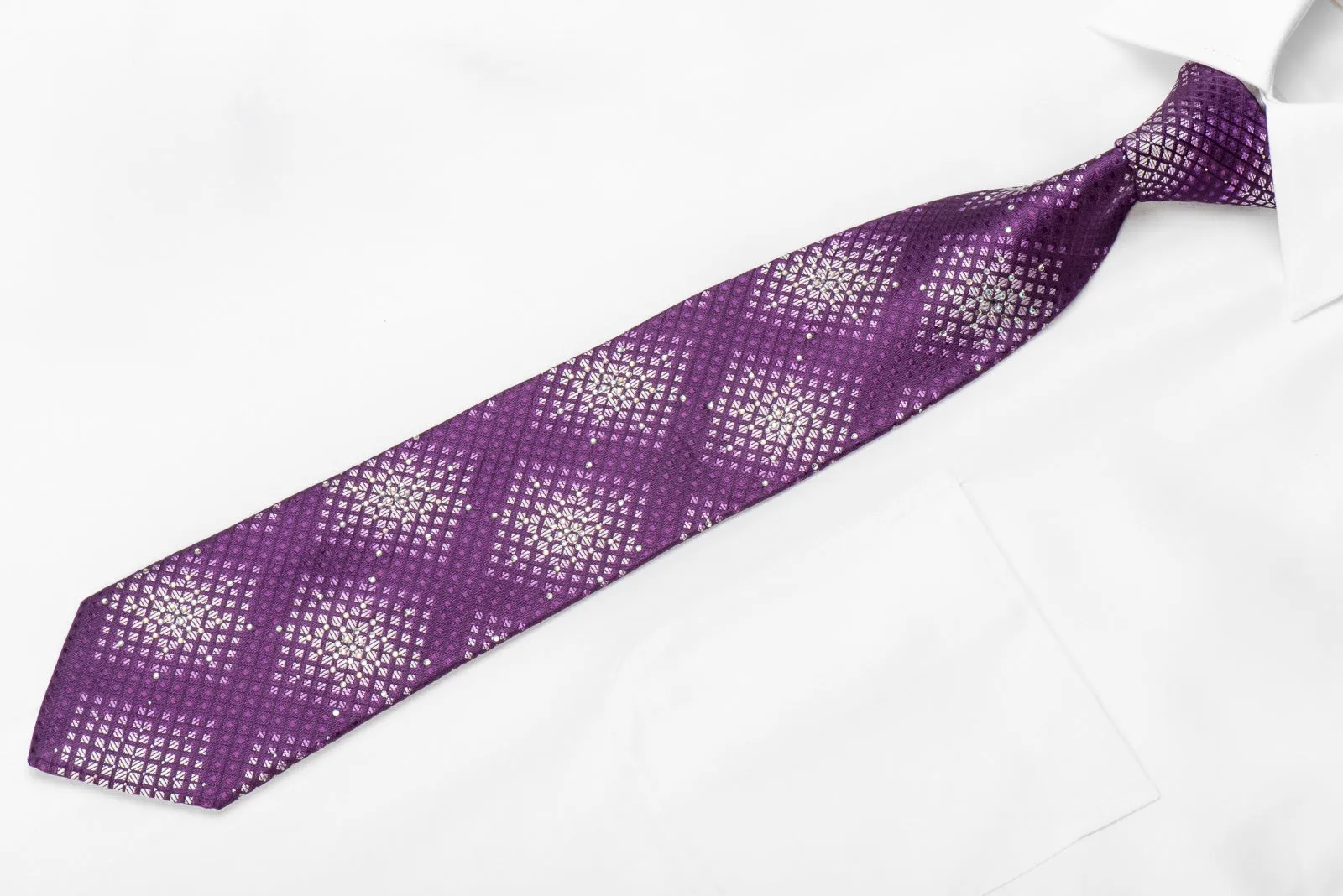 Nicole St Giles Men's Crystal Silk Necktie Silver Geometric On Purple With Sparkles