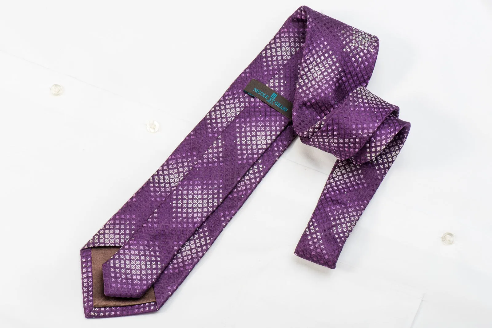 Nicole St Giles Men's Crystal Silk Necktie Silver Geometric On Purple With Sparkles