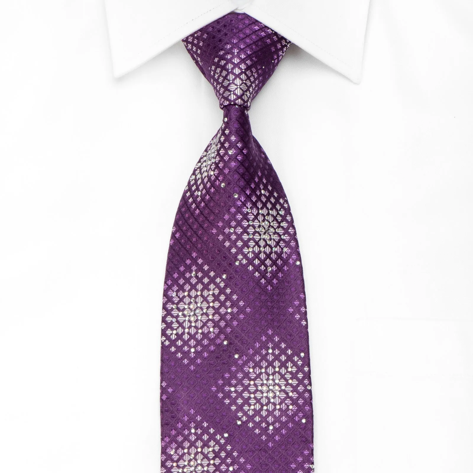 Nicole St Giles Men's Crystal Silk Necktie Silver Geometric On Purple With Sparkles