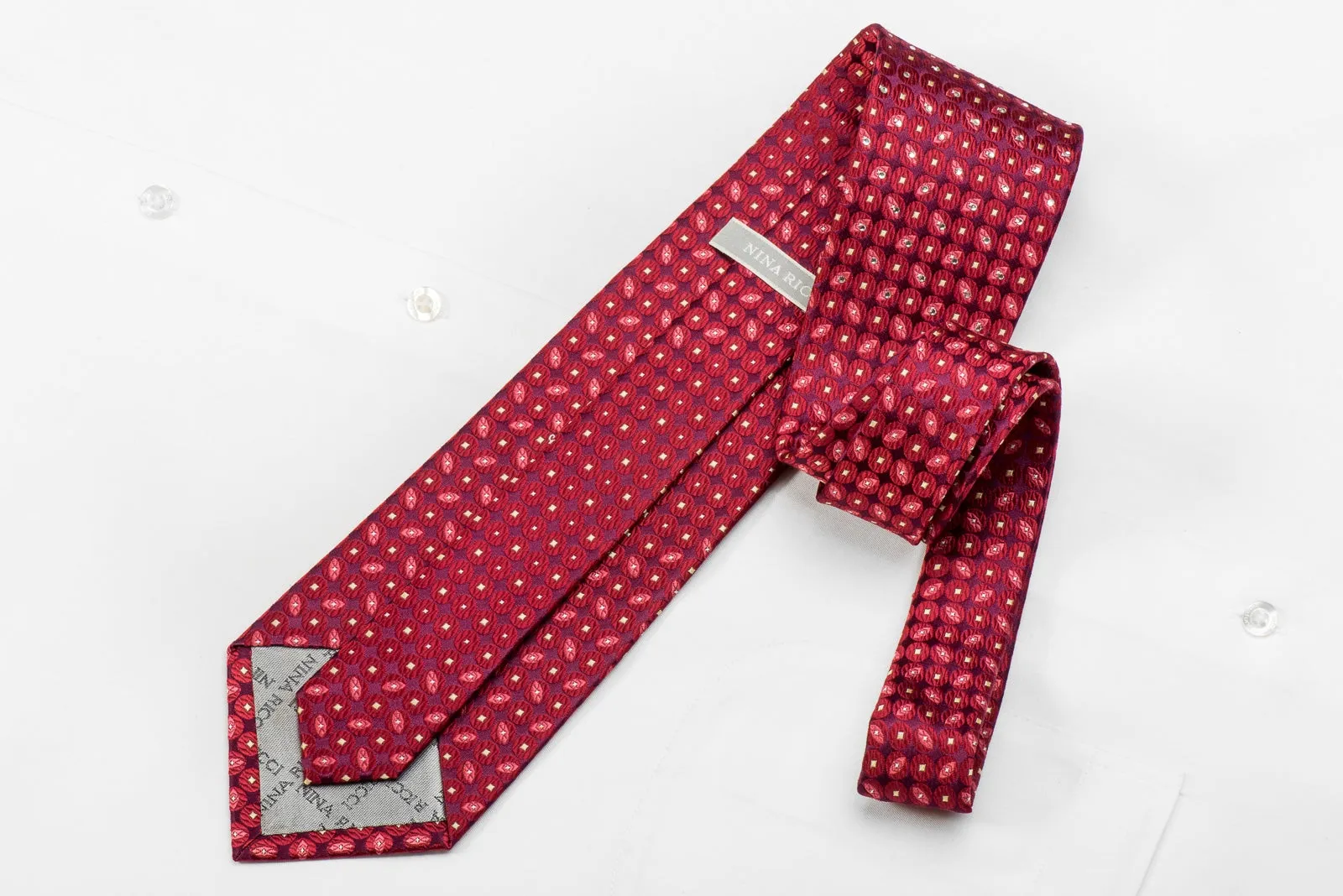 Nina Ricci Mens Crystal Silk Tie Red Geometric Circles On Purple Sparkling With Rhinestones