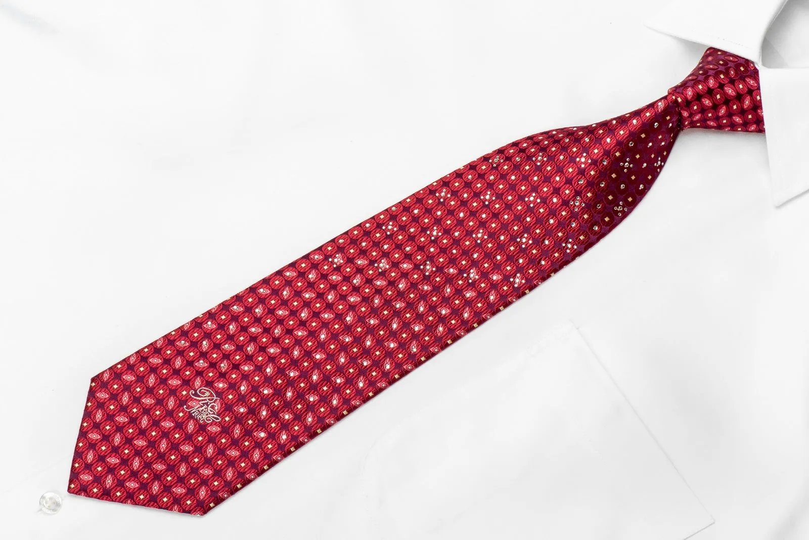 Nina Ricci Mens Crystal Silk Tie Red Geometric Circles On Purple Sparkling With Rhinestones