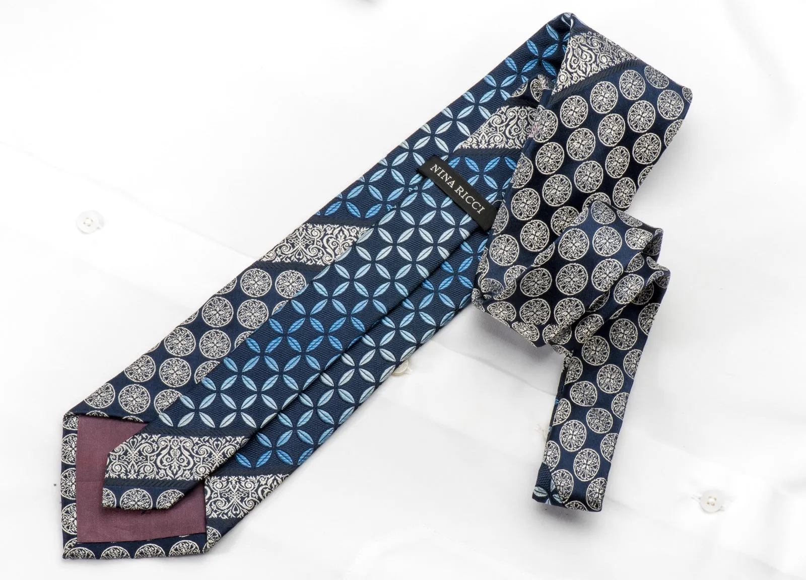 Nina Ricci Men's Silk Necktie Geometric & Cartouche On Blue Sparkling With Rhinestones