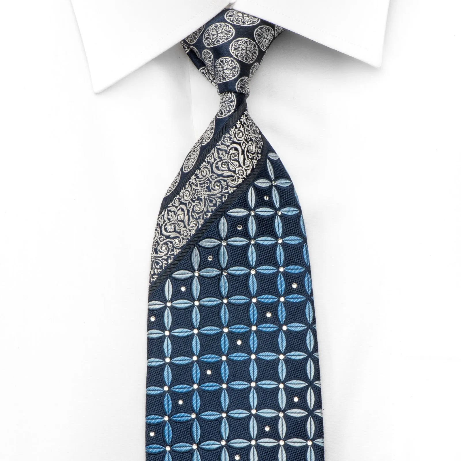 Nina Ricci Men's Silk Necktie Geometric & Cartouche On Blue Sparkling With Rhinestones