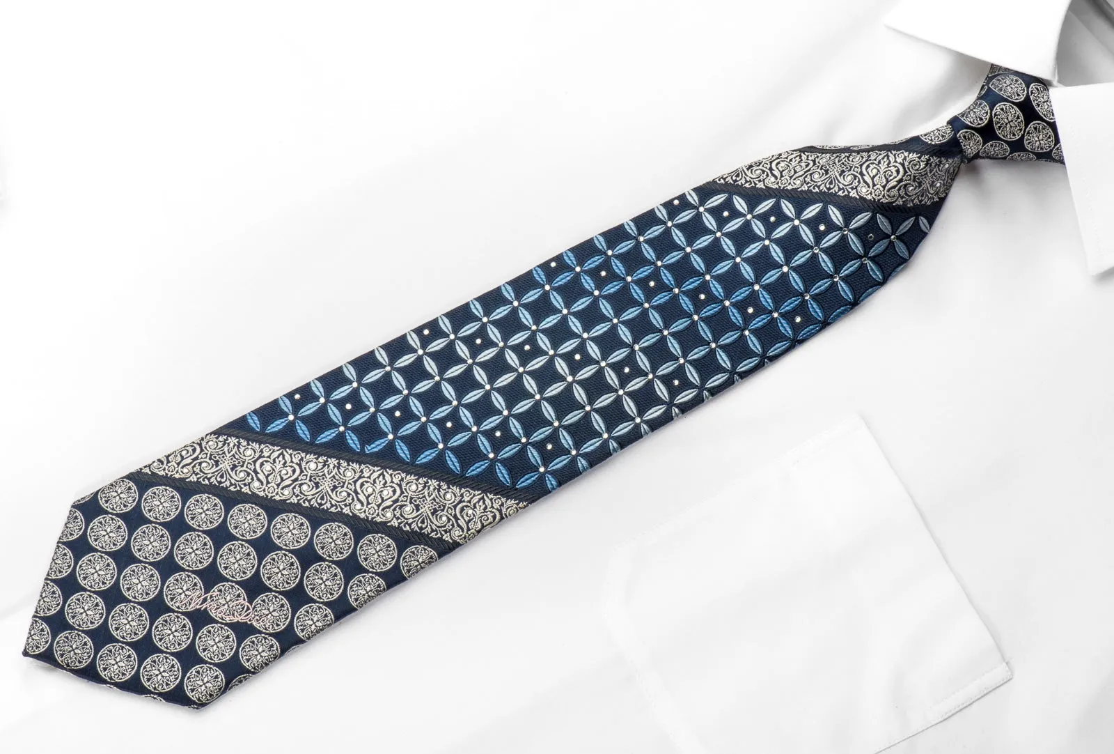 Nina Ricci Men's Silk Necktie Geometric & Cartouche On Blue Sparkling With Rhinestones