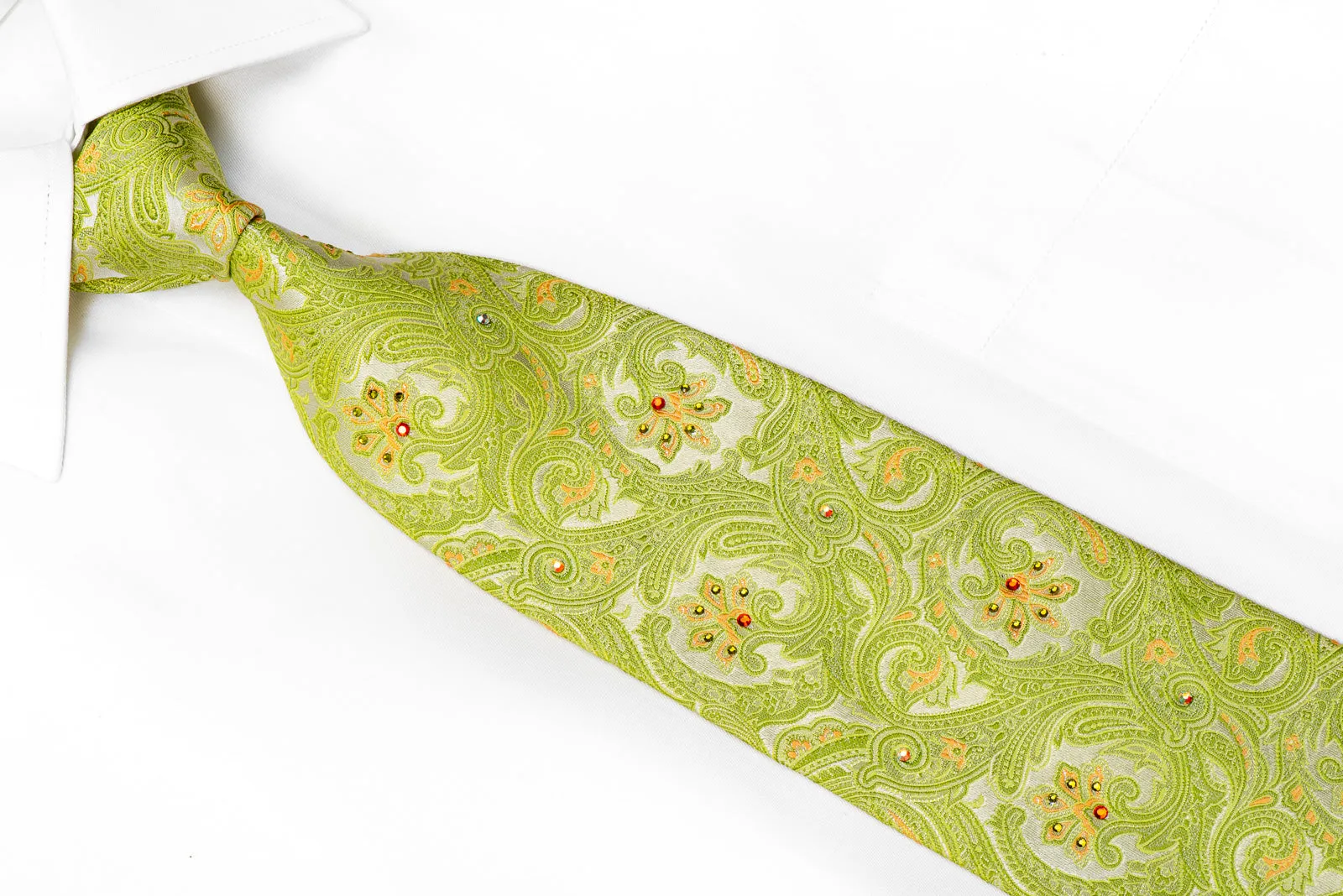 Nina Ricci Rhinestone Tie Green Paisley On Silver With Sparkles