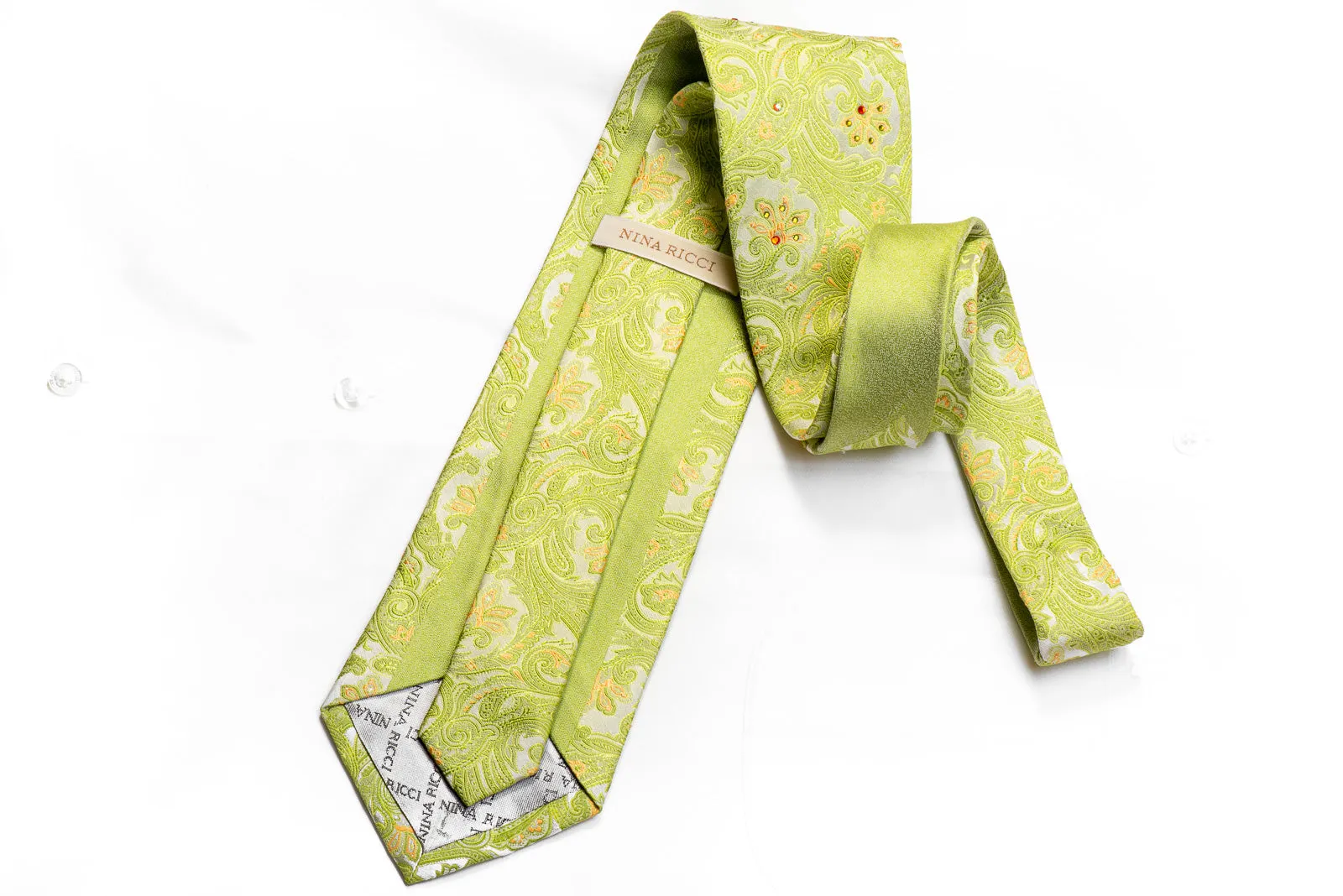 Nina Ricci Rhinestone Tie Green Paisley On Silver With Sparkles