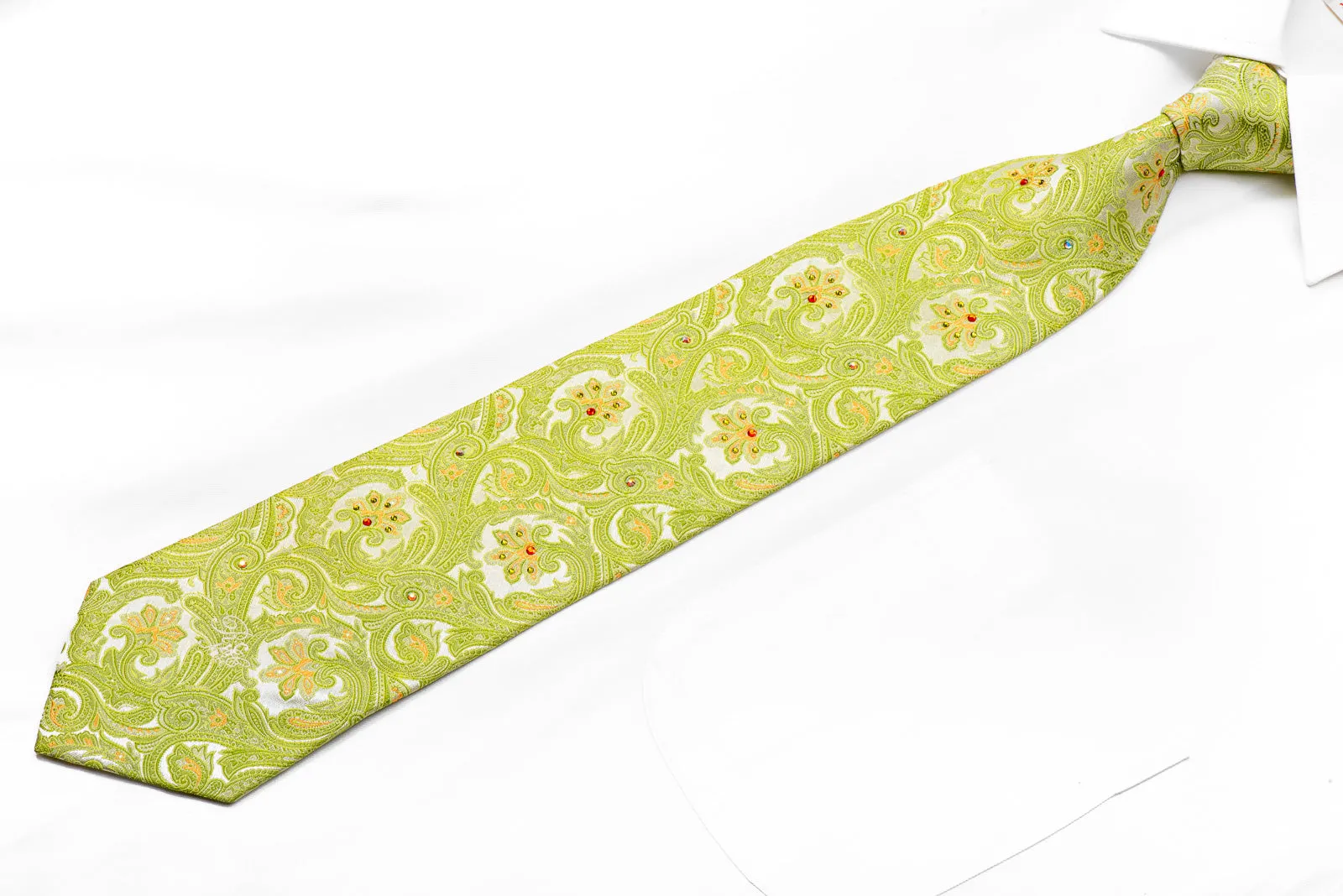 Nina Ricci Rhinestone Tie Green Paisley On Silver With Sparkles