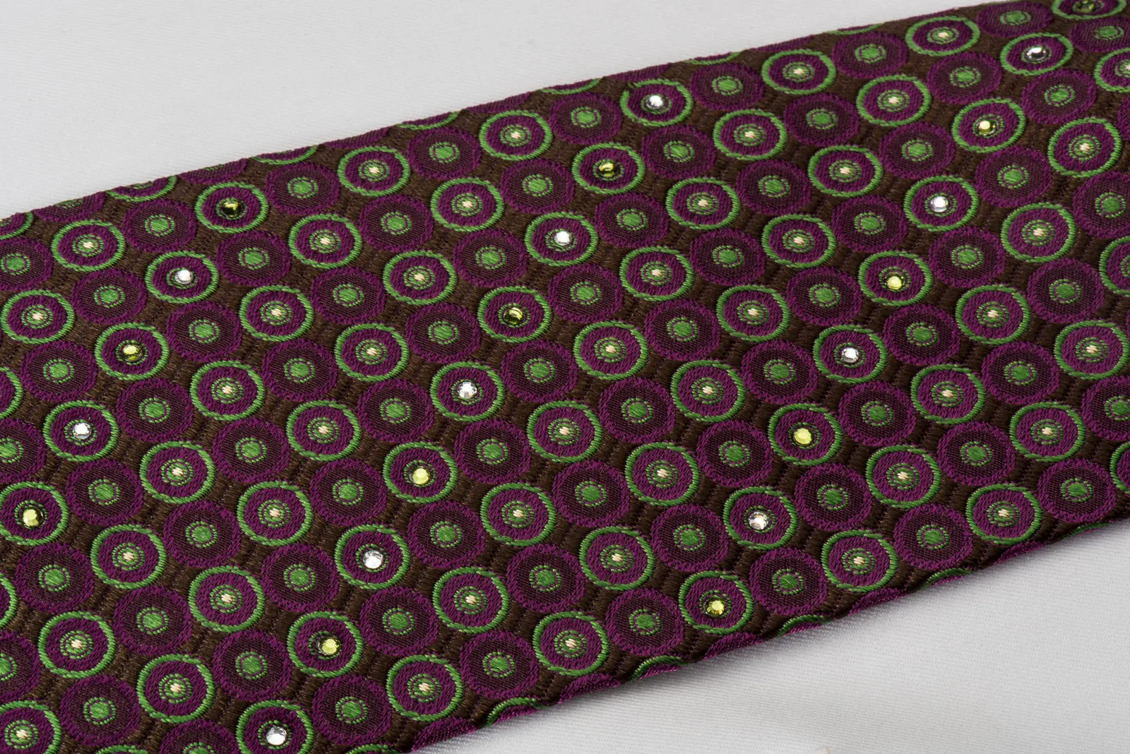 Nina Ricci Silk Necktie Green Purple Dots On Purple With Rhinestones